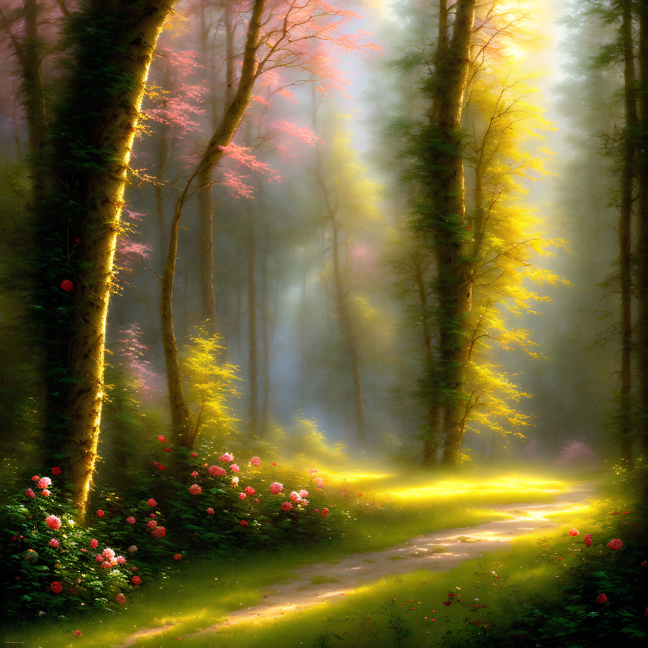 Tranquil forest path with sunbeams and pink flowers