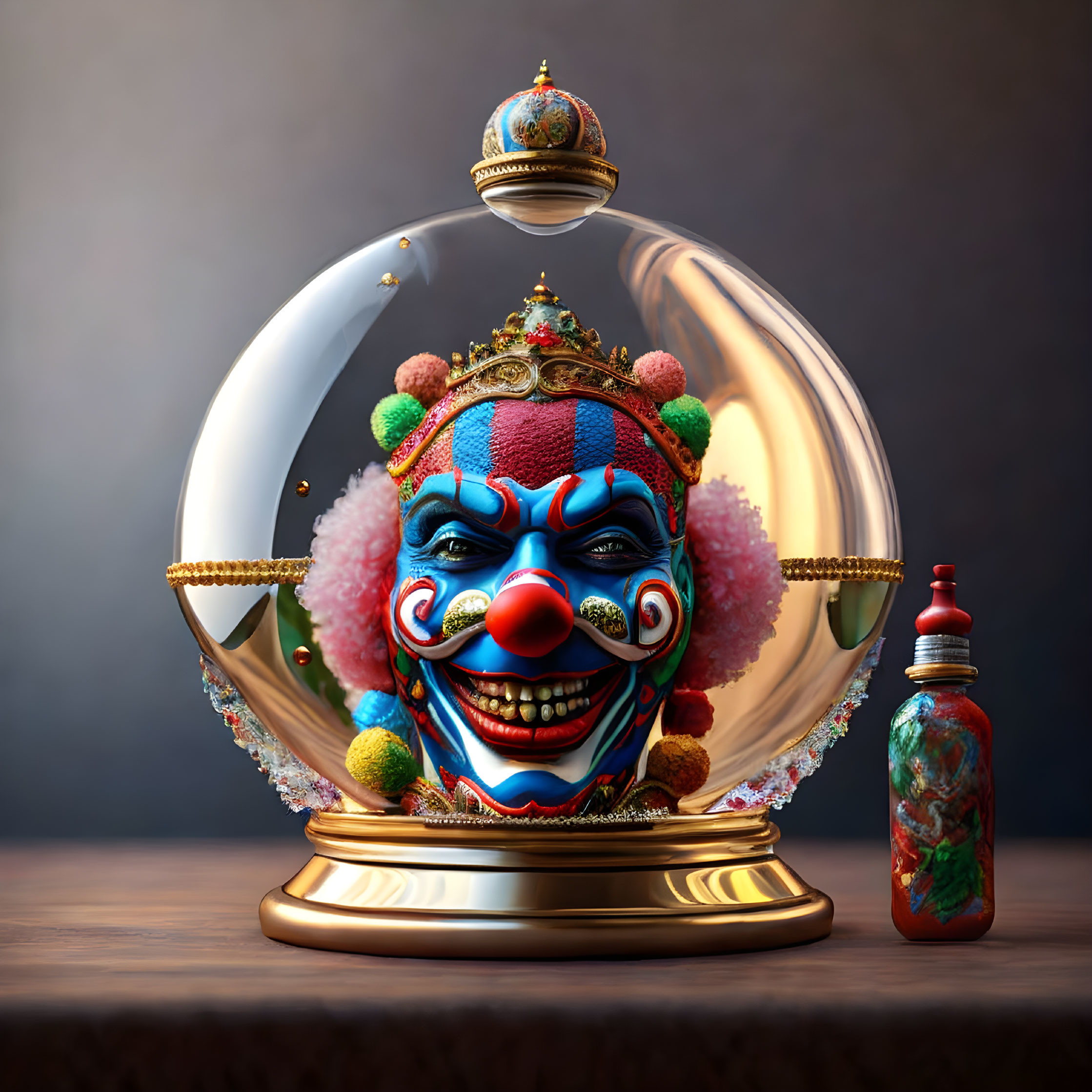 Colorful Clown Head Encased in Glass Dome with Painted Bottle