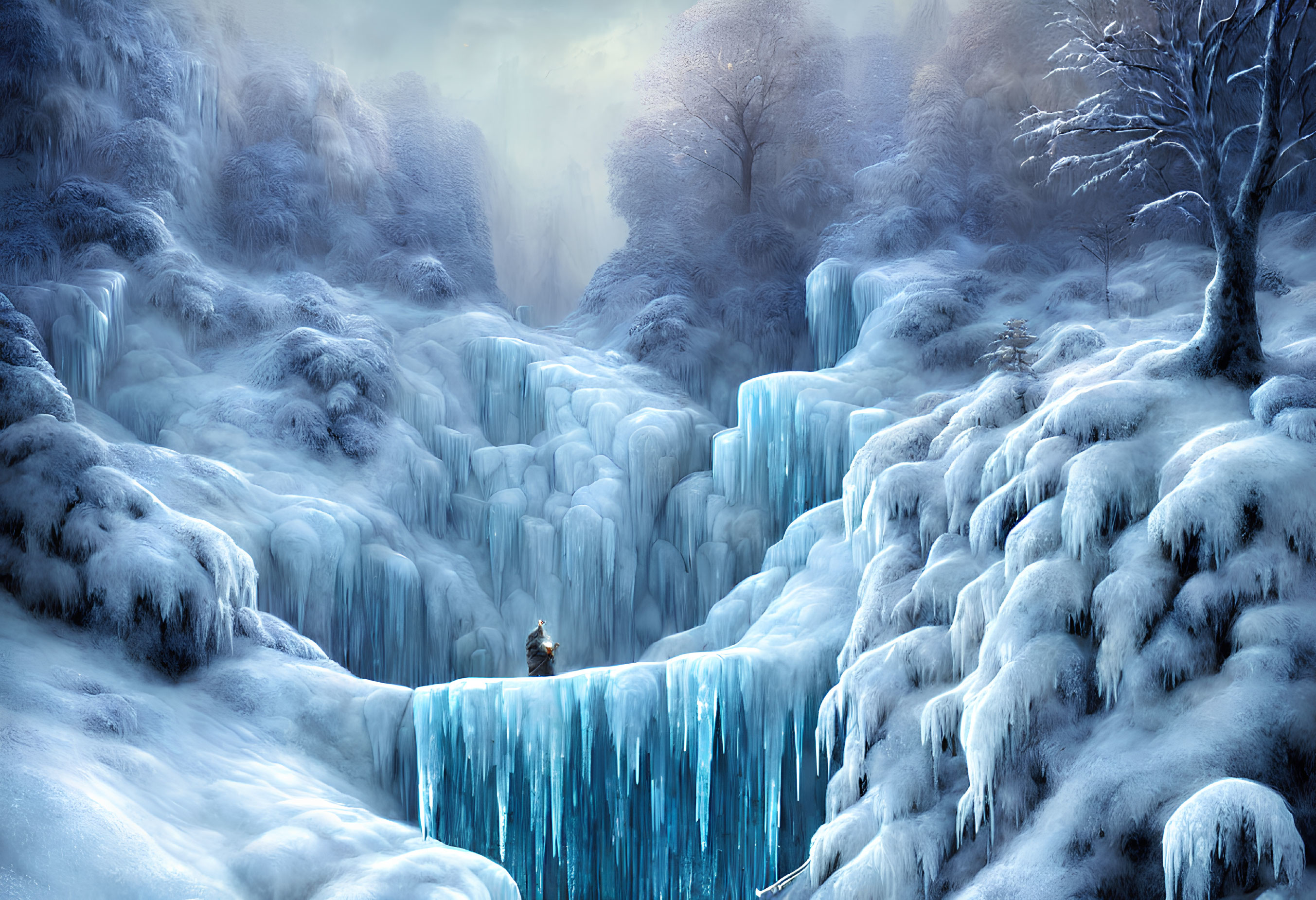 Snow-covered trees and icy waterfall in mystical winter landscape