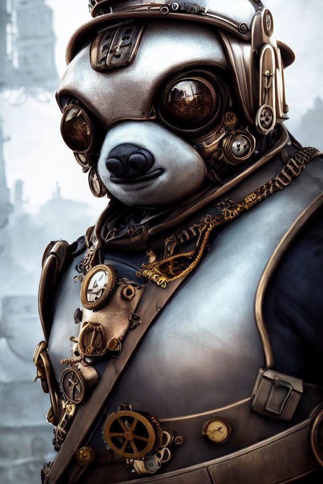Steampunk anthropomorphic bear with aviator goggles and brass gears in leather helmet and vest against architectural