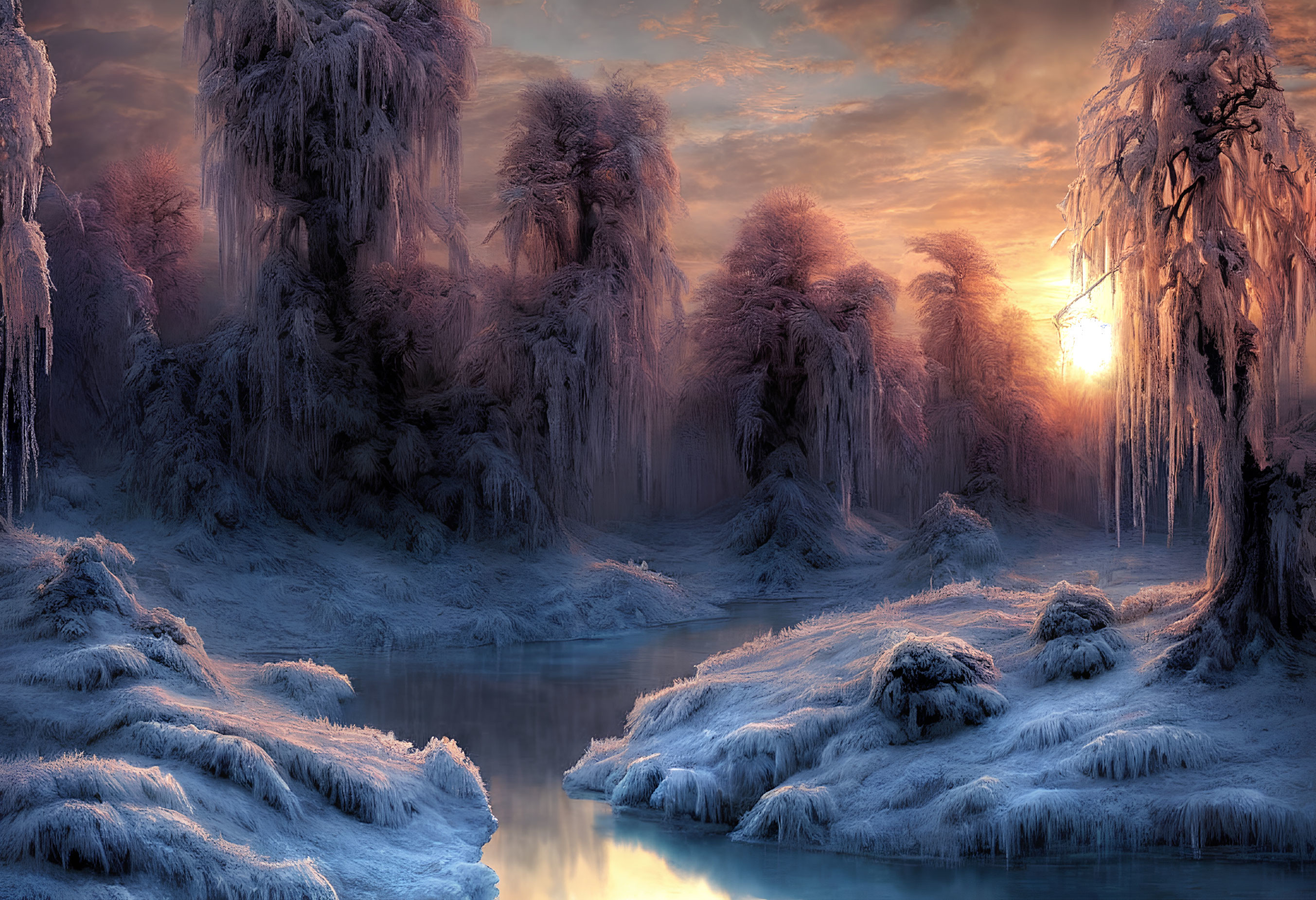 Winter landscape: Sunlight on icy trees by frosty river