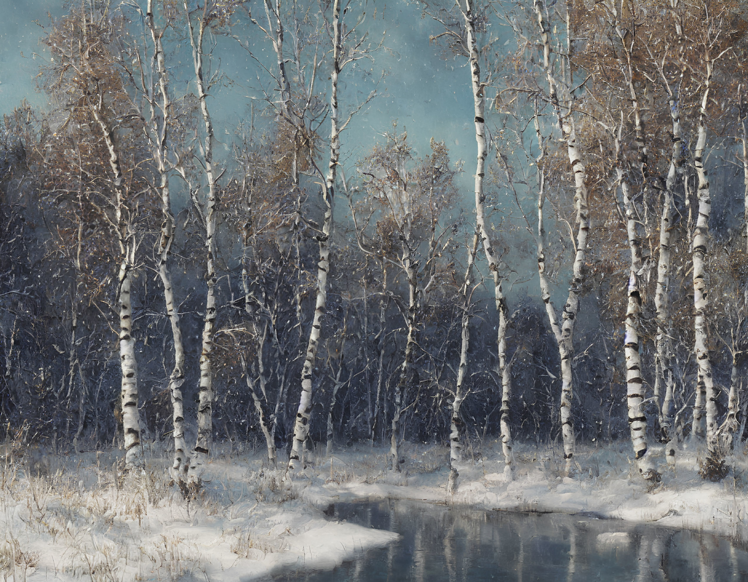 Snowy birch trees and creek in serene winter landscape