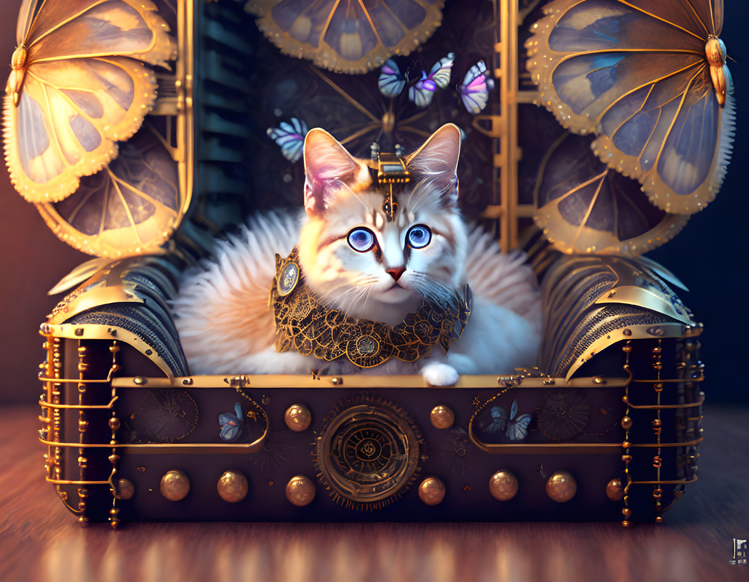 Steampunk cat with blue eyes and ornate mechanical wings in vintage box