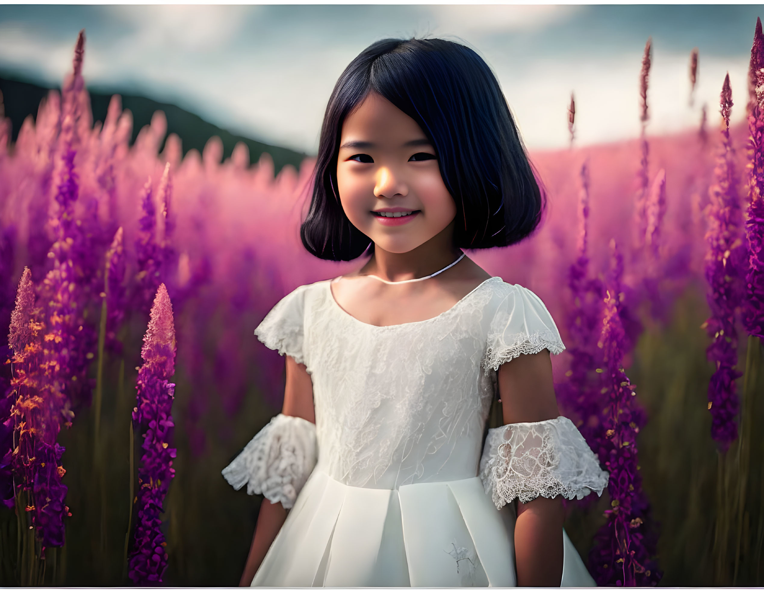 Young girl in white dress surrounded by purple flowers and mountain backdrop.