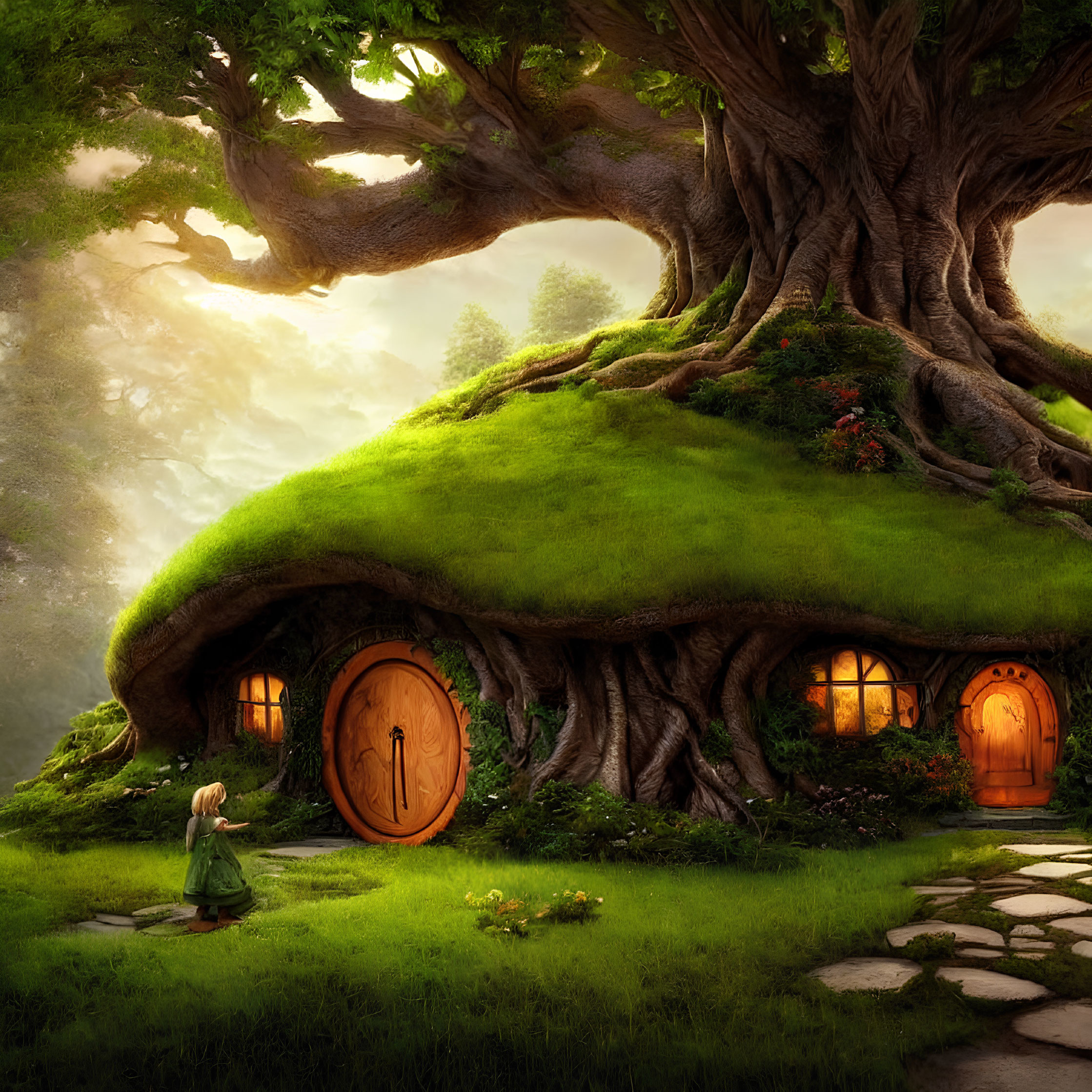 Child exploring magical tree with hobbit-like house in whimsical illustration