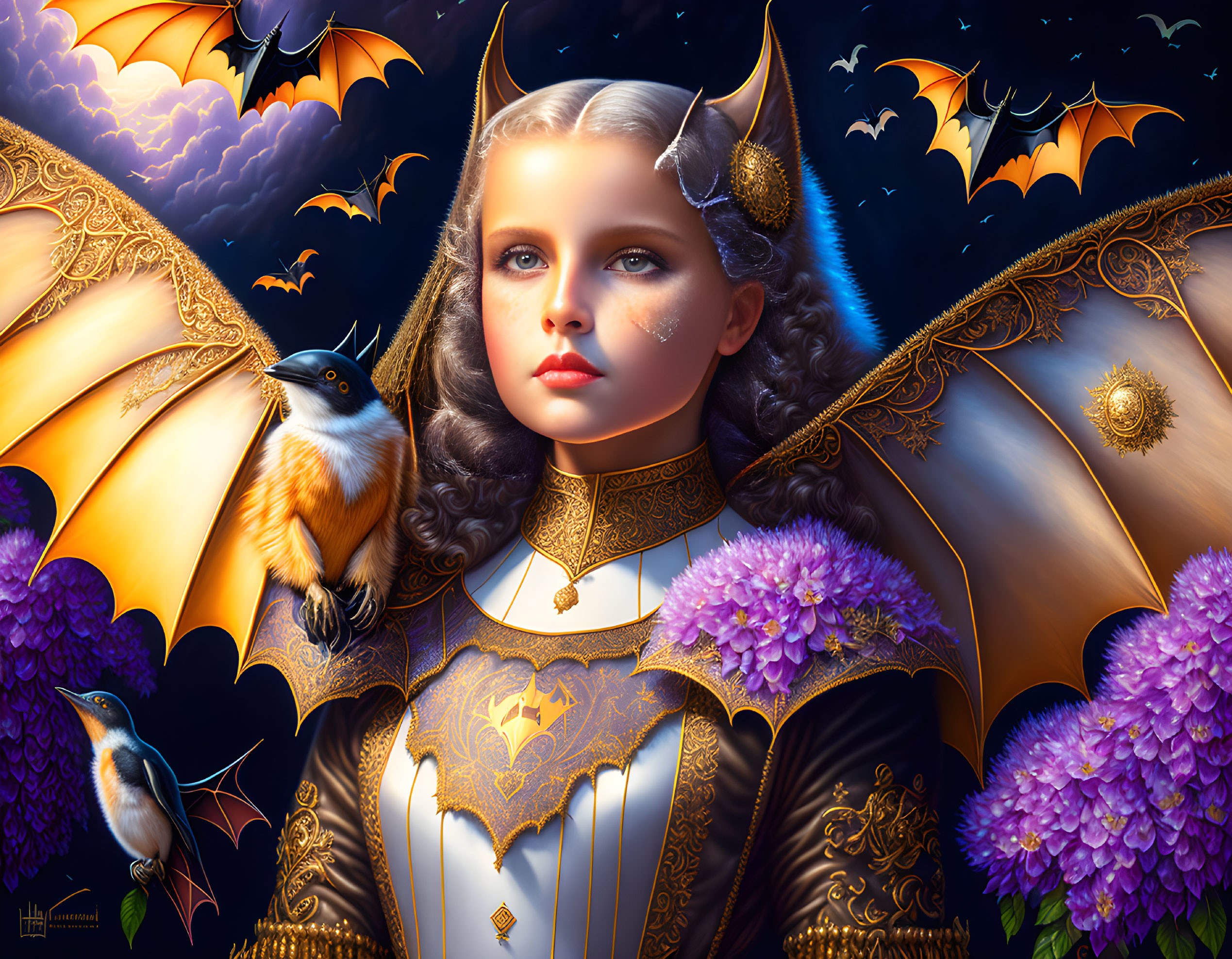 Young girl with bat-like wings in gothic costume, surrounded by flowers and birds under twilight sky