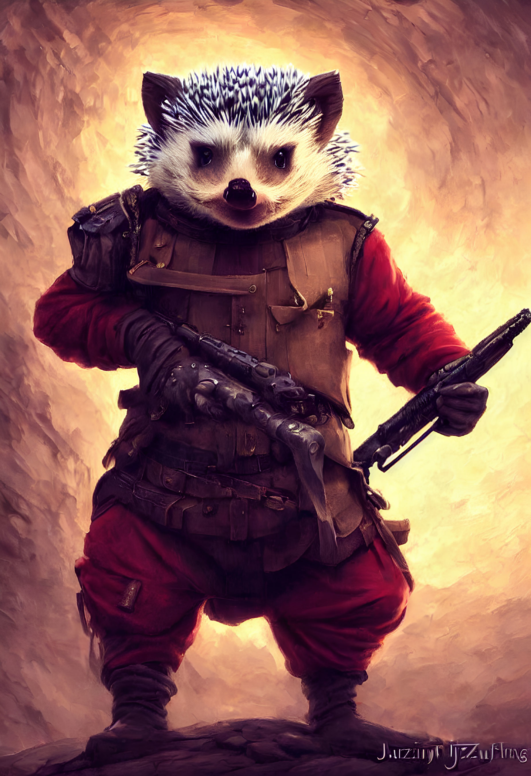 Anthropomorphic hedgehog in military attire with rifle on warm-toned background