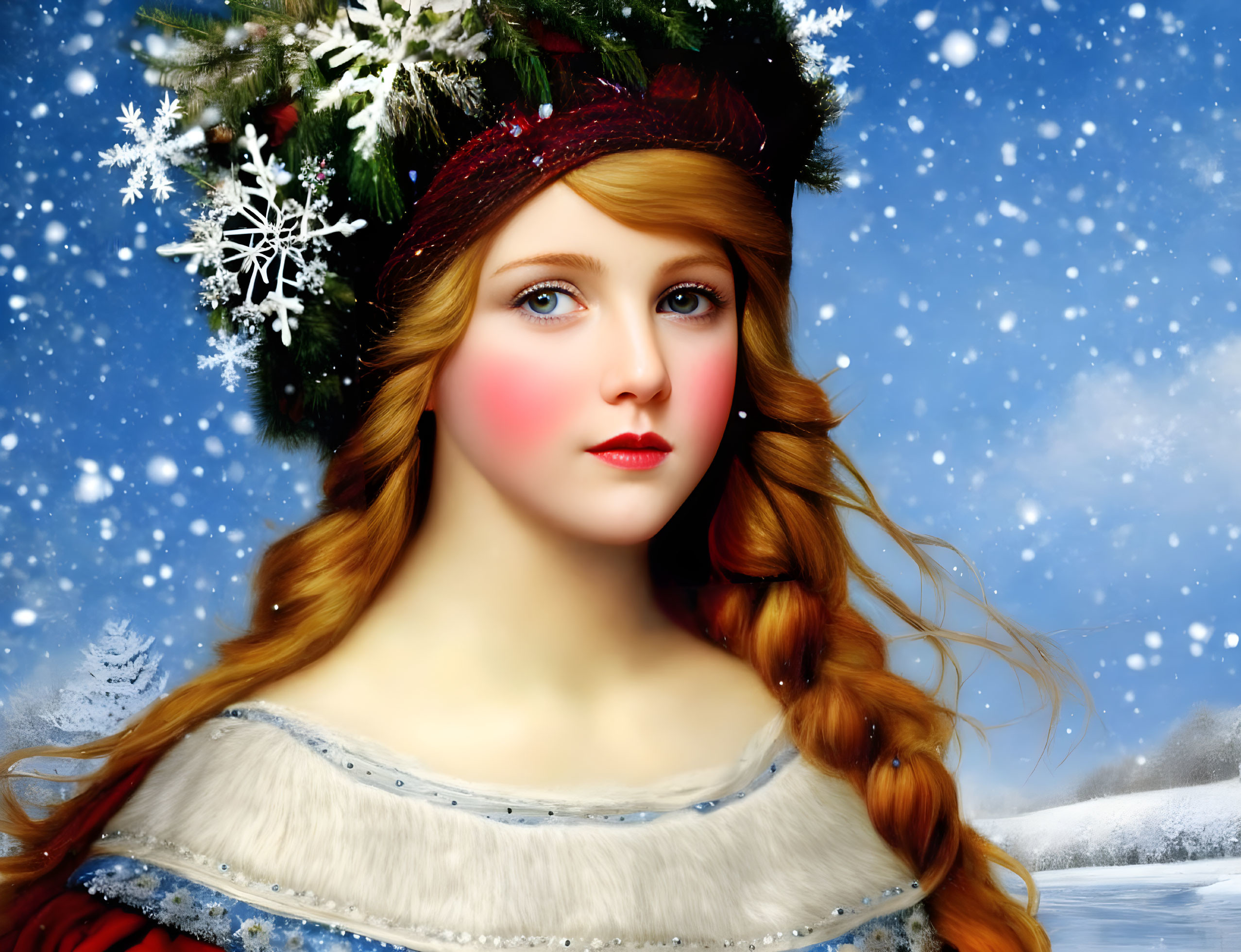 Digital portrait of young woman with wavy red hair in winter clothing and headband, set in win