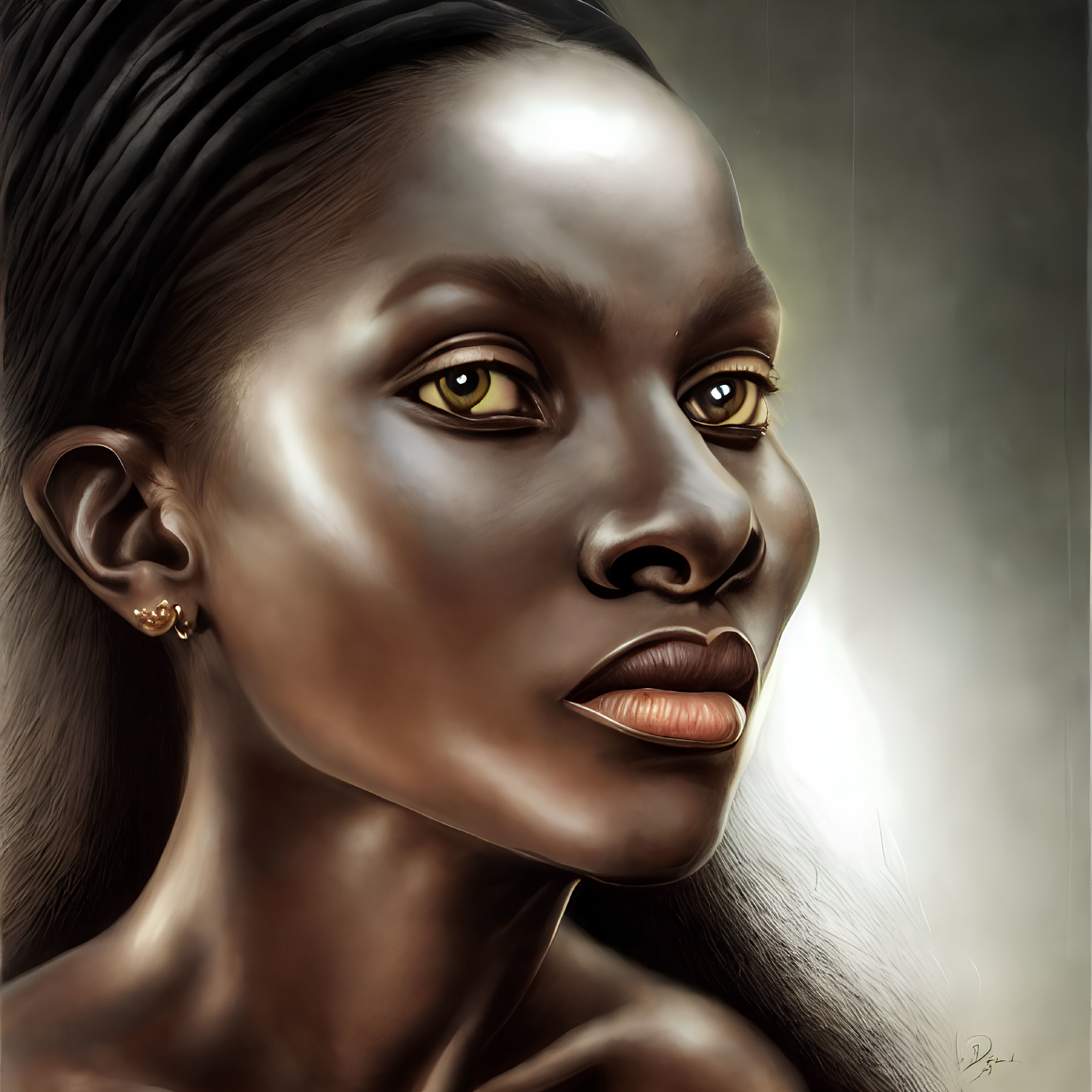 Digital portrait of woman with yellow eyes, contrasting skin tones, headband, and intense gaze