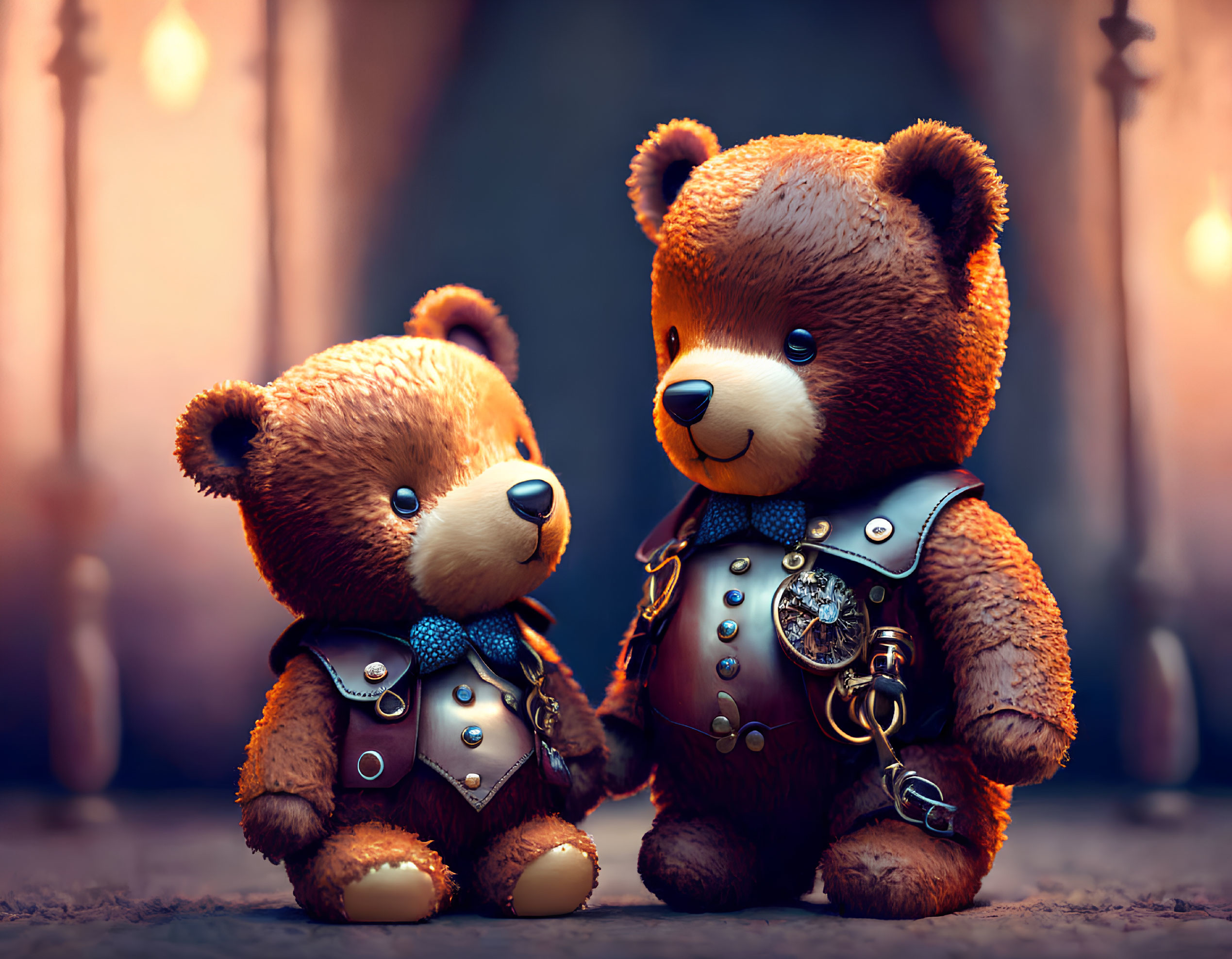 Steampunk-themed teddy bears in detailed outfits against warm, torch-lit backdrop