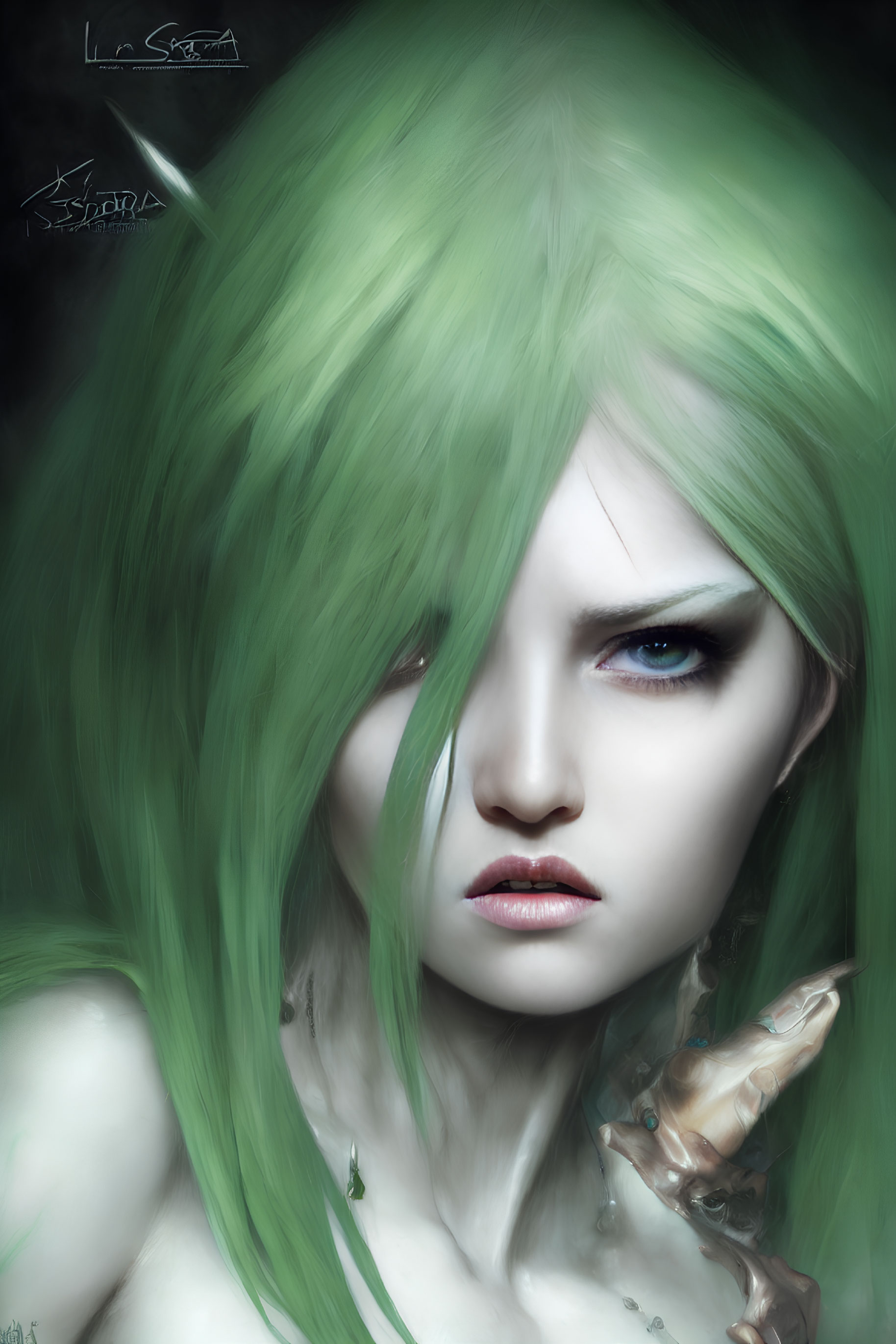 Fantasy illustration of female figure with blue eyes and green hair.