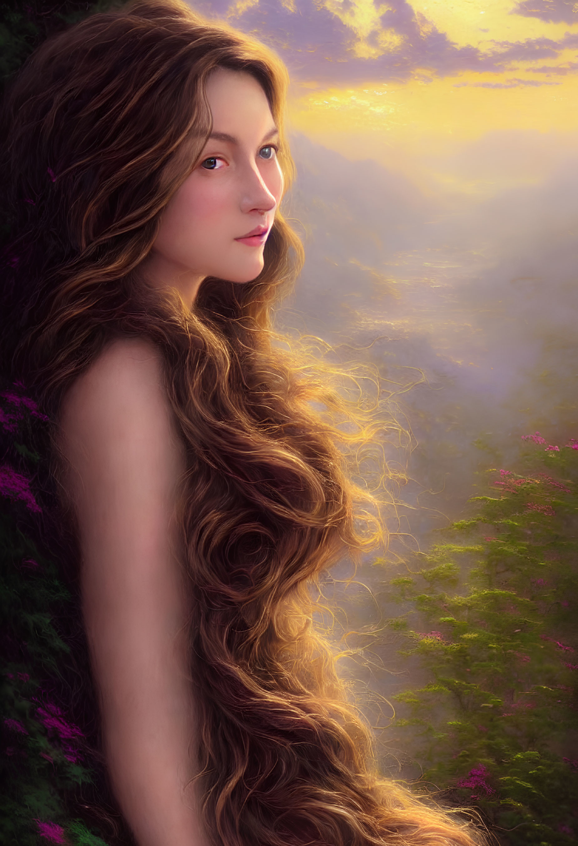 Young Woman Portrait with Long Curly Hair in Sunset Background
