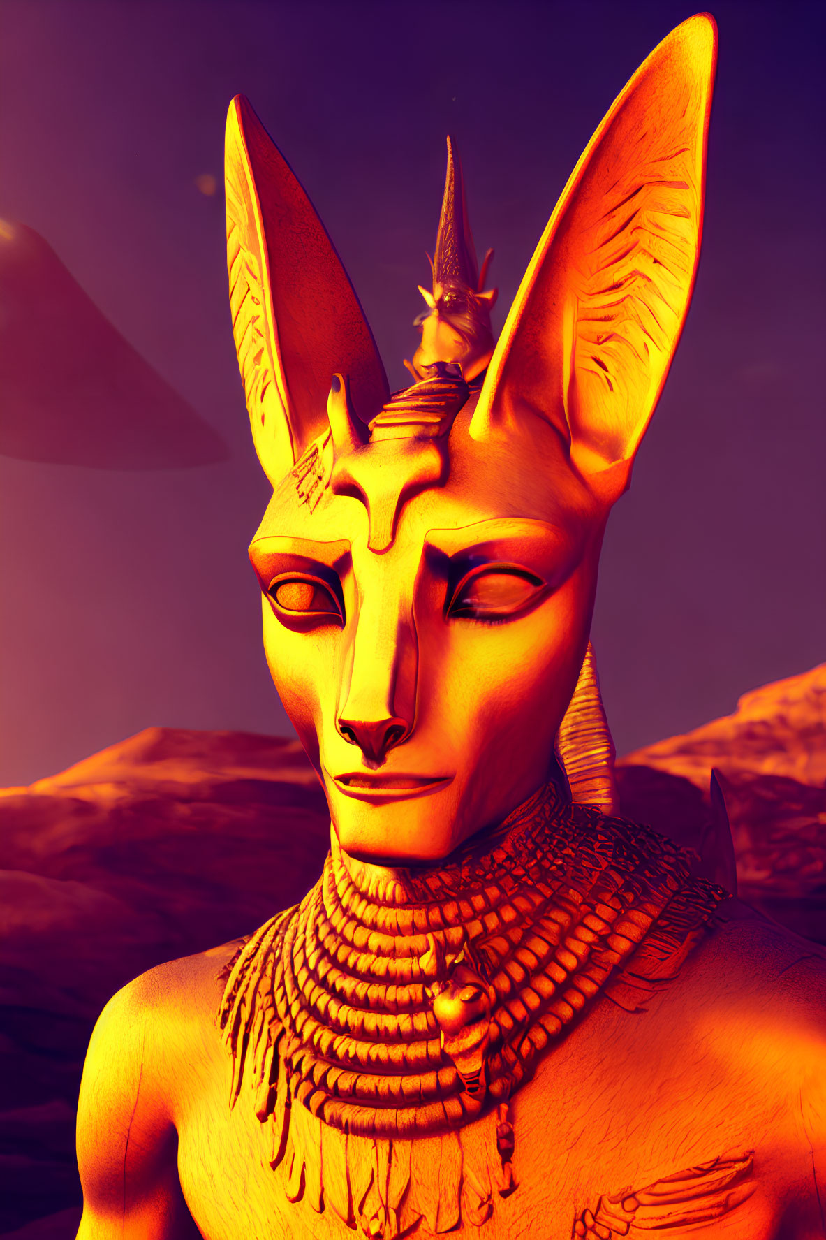 Anthropomorphic feline figure in Egyptian style against desert backdrop
