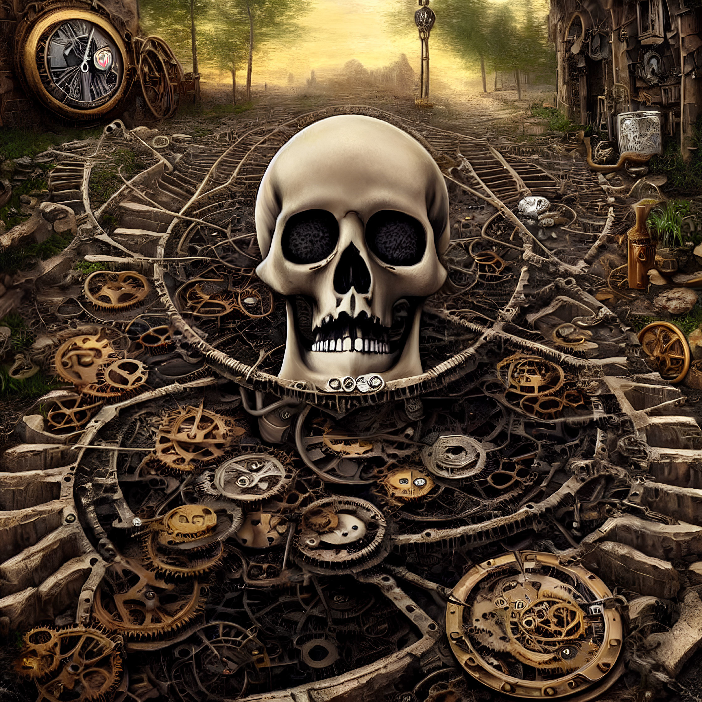 Skull on Gears in Steampunk Landscape