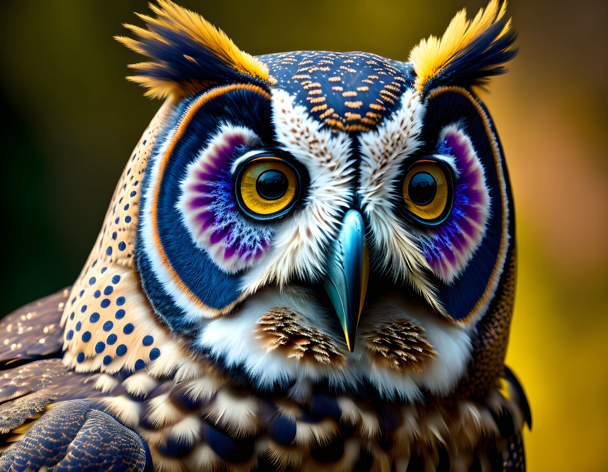 Vibrant colored owl with detailed plumage and piercing yellow eyes