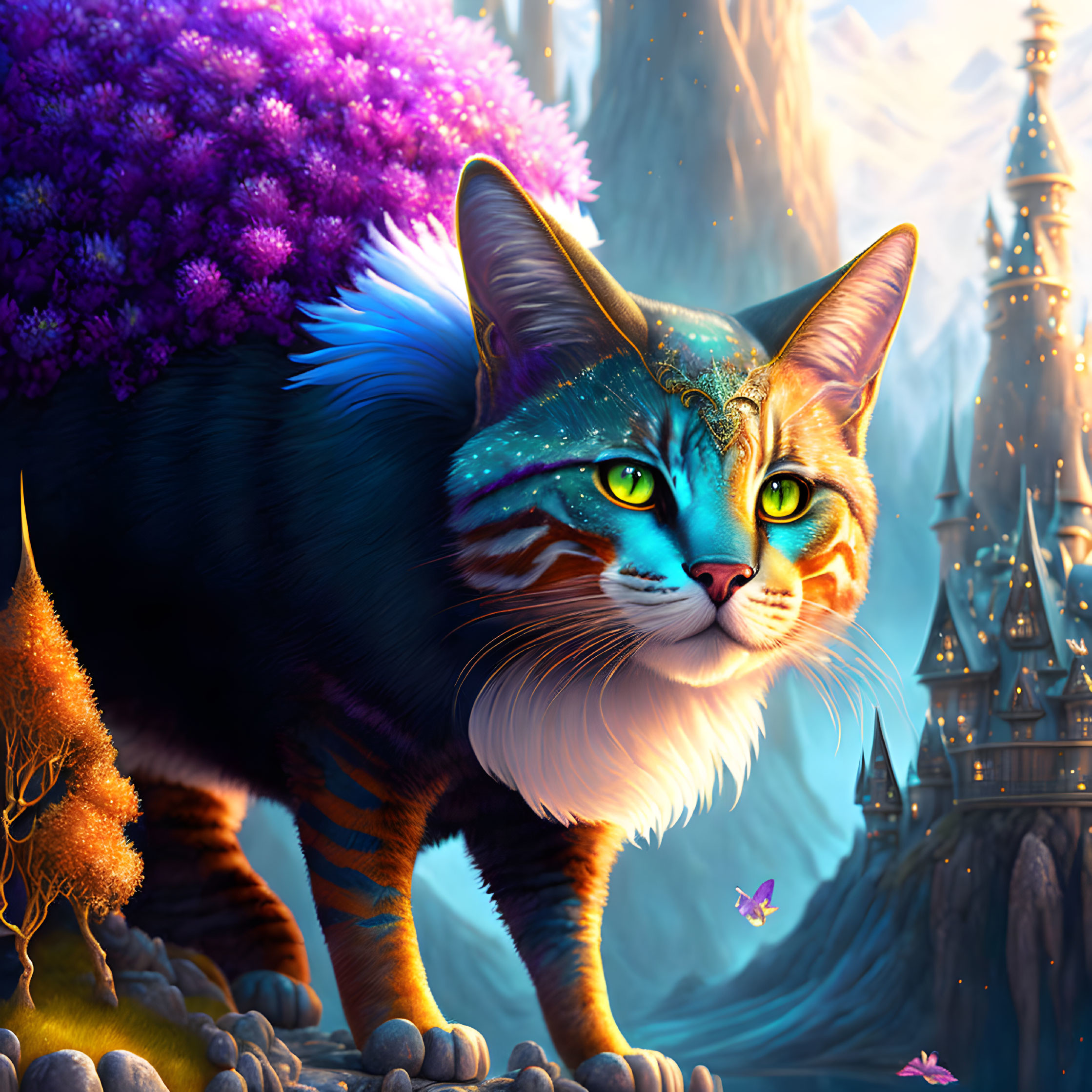 Vibrant illustration of majestic cat with fantasy castle and foliage