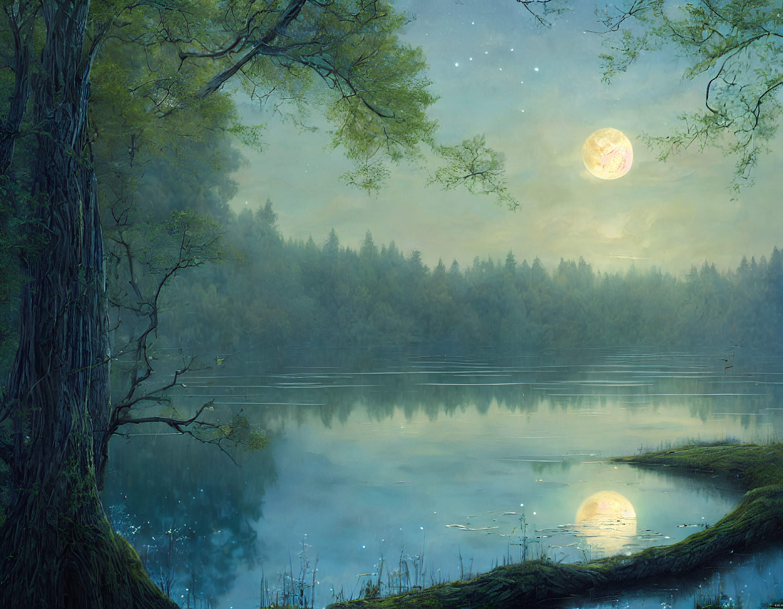 Nighttime Forest Scene: Full Moon Reflected on Still Lake, Lush Trees, Starry Sky