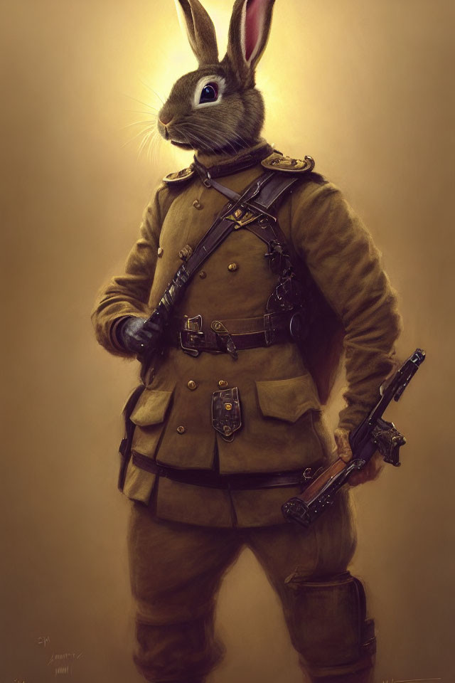 Anthropomorphic rabbit in vintage military attire with rifle