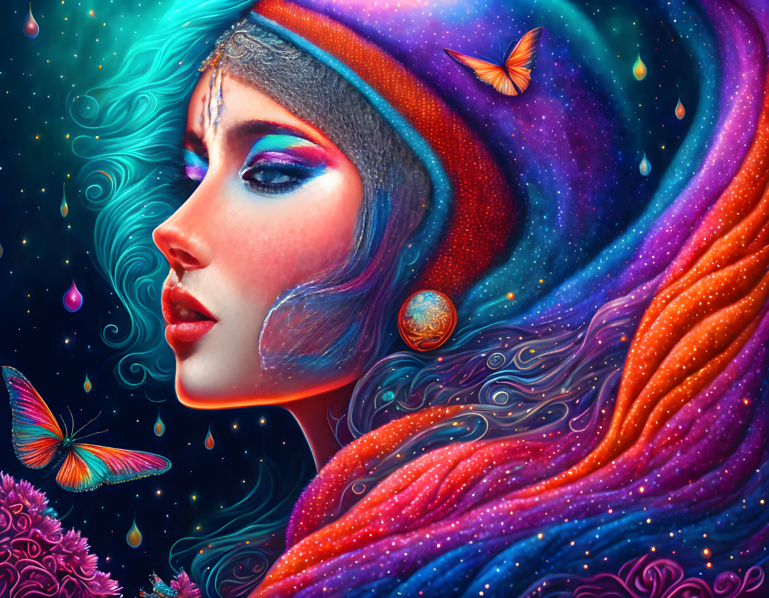 Colorful Cosmic Hair Woman with Stars, Planets, Butterflies, Winter Hat, and Vibrant