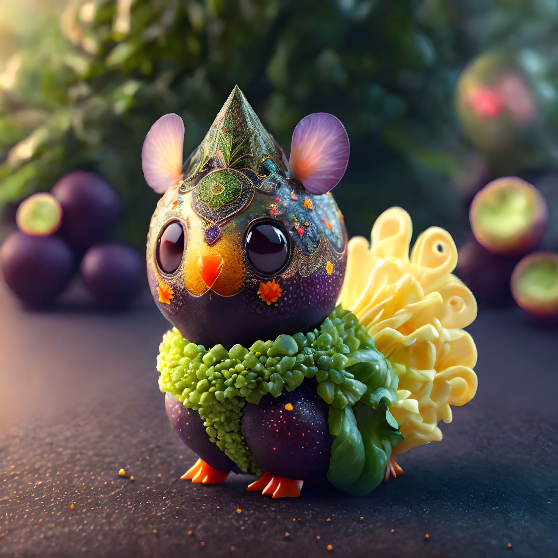 Colorful whimsical creature with fruit-like body and leafy wings on nature background