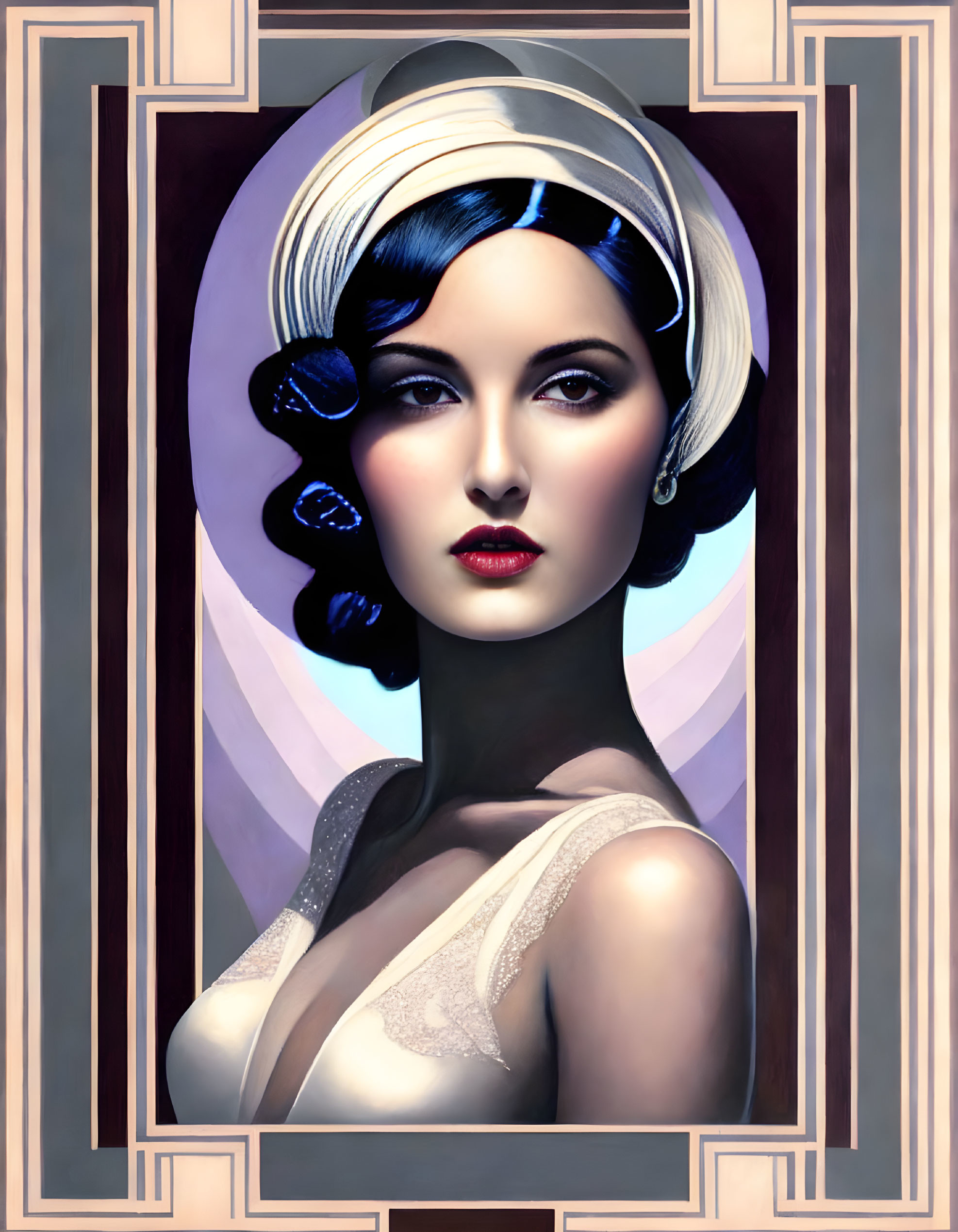 1920s flapper style illustration with white headband, blue feather, and pearls in art deco