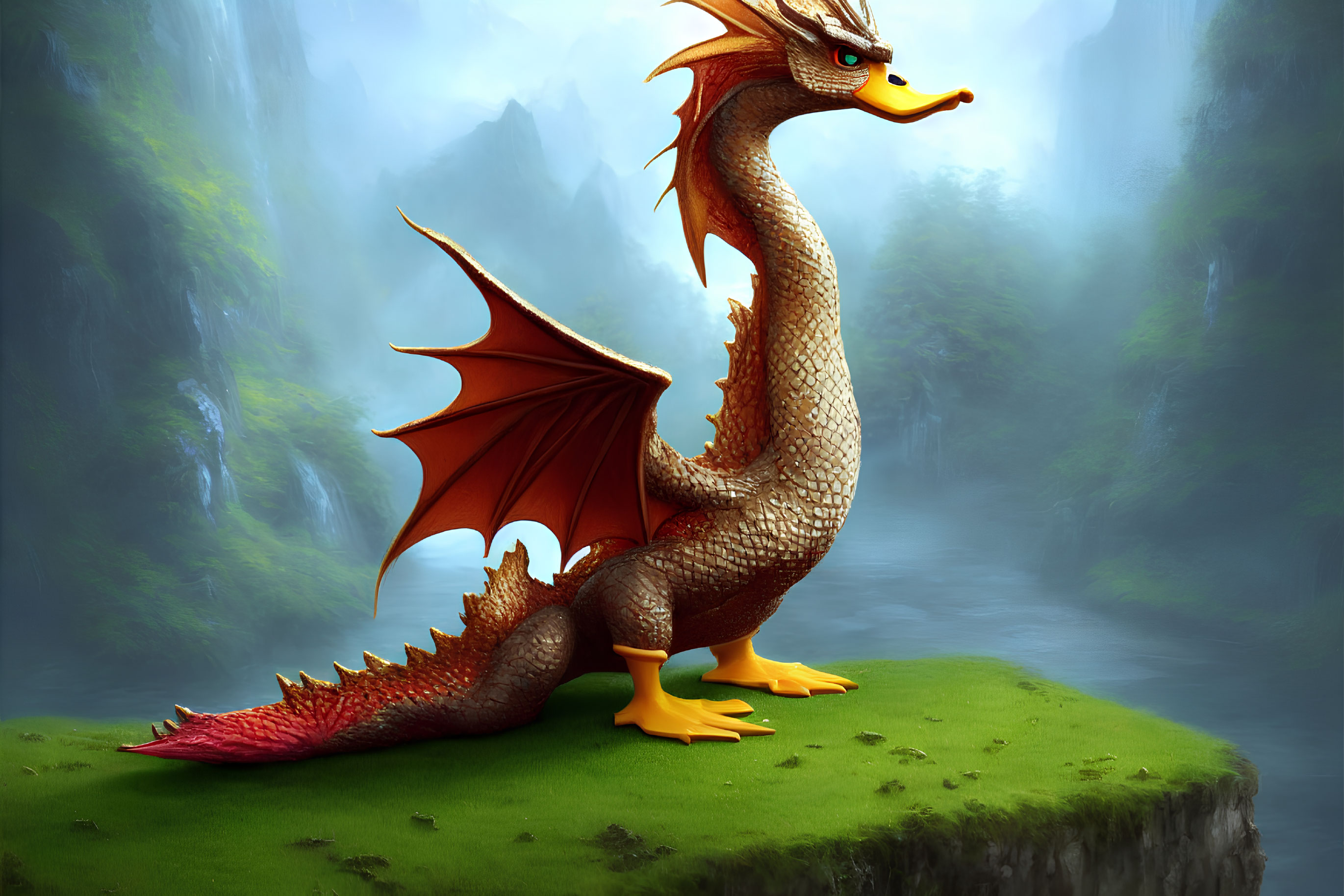 Orange-winged dragon perched on cliff overlooking misty forest waterfall