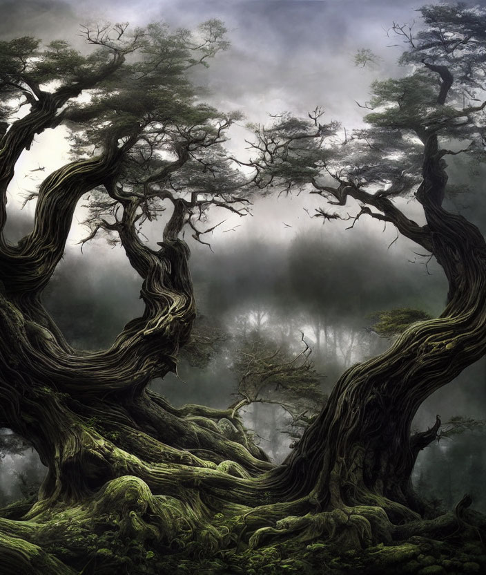 Ancient, fog-shrouded forest with twisted, gnarled trees