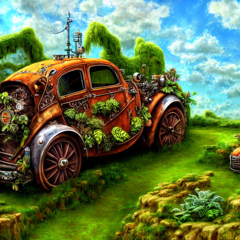 Fantastical digital painting: Overgrown rusty car in lush green landscape