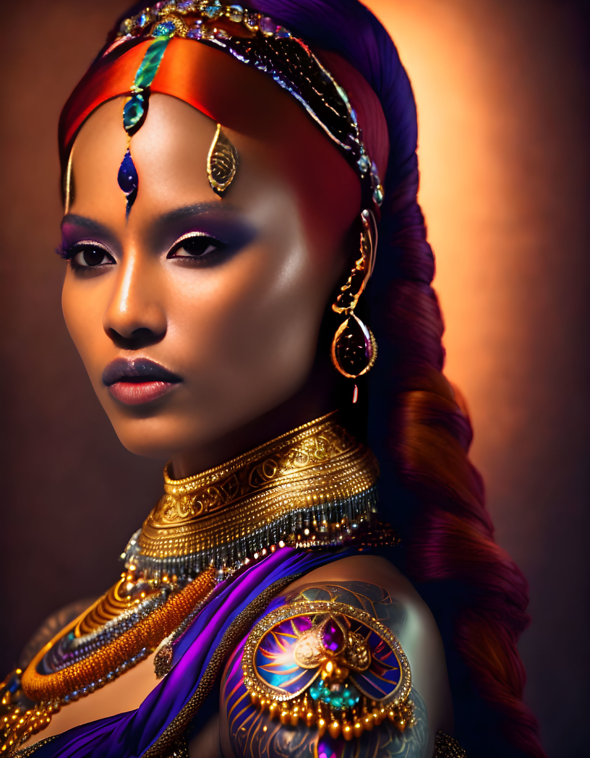 Woman with Side Braid Wearing Ornate Golden Jewelry