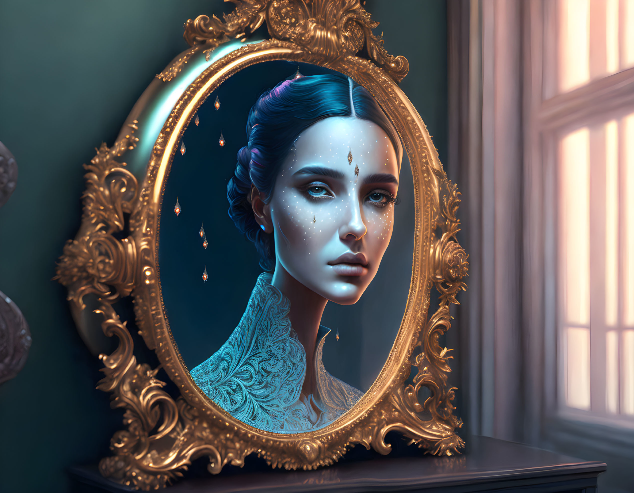 A ghostly female face caught in a mirror