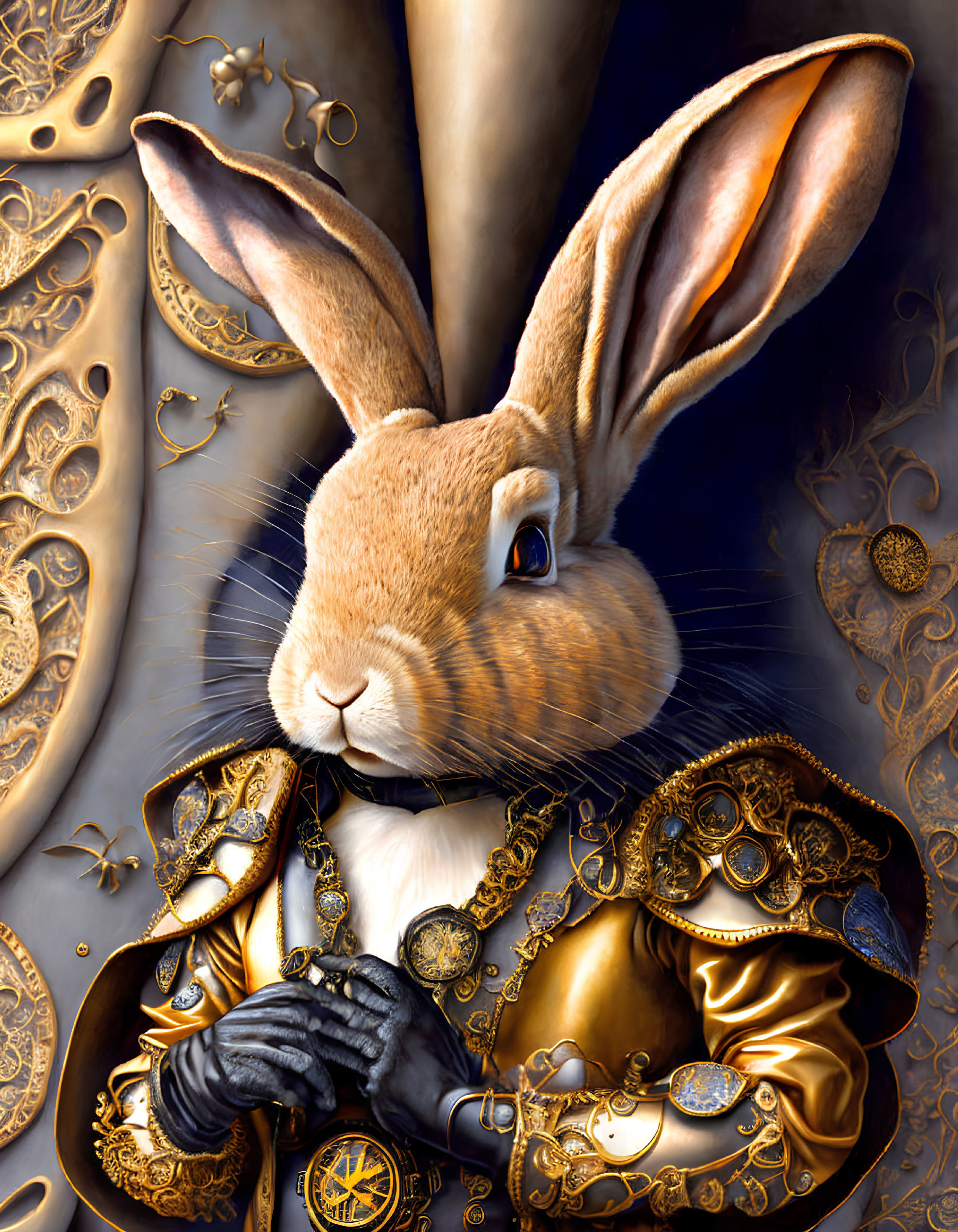 Anthropomorphic rabbit in gold-trimmed coat with pocket watch
