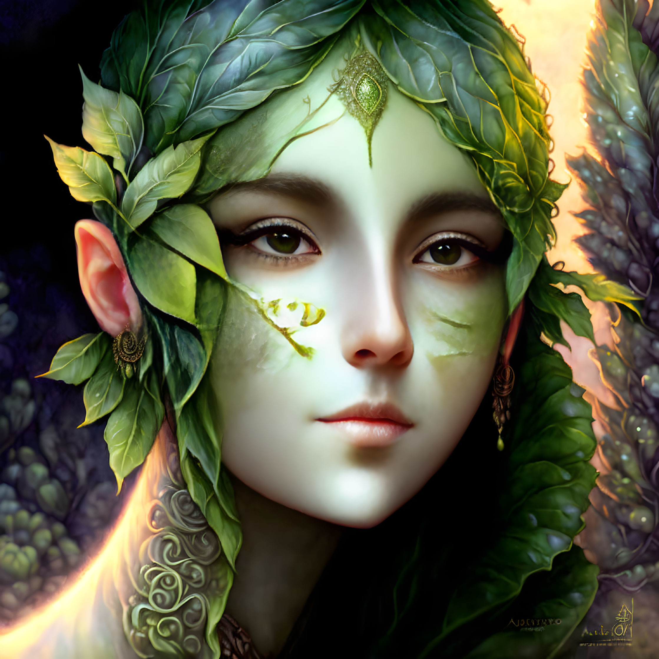 Fantasy portrait: person with leaf-shaped ears, green facial markings, gold jewelry, nature-inspired aura
