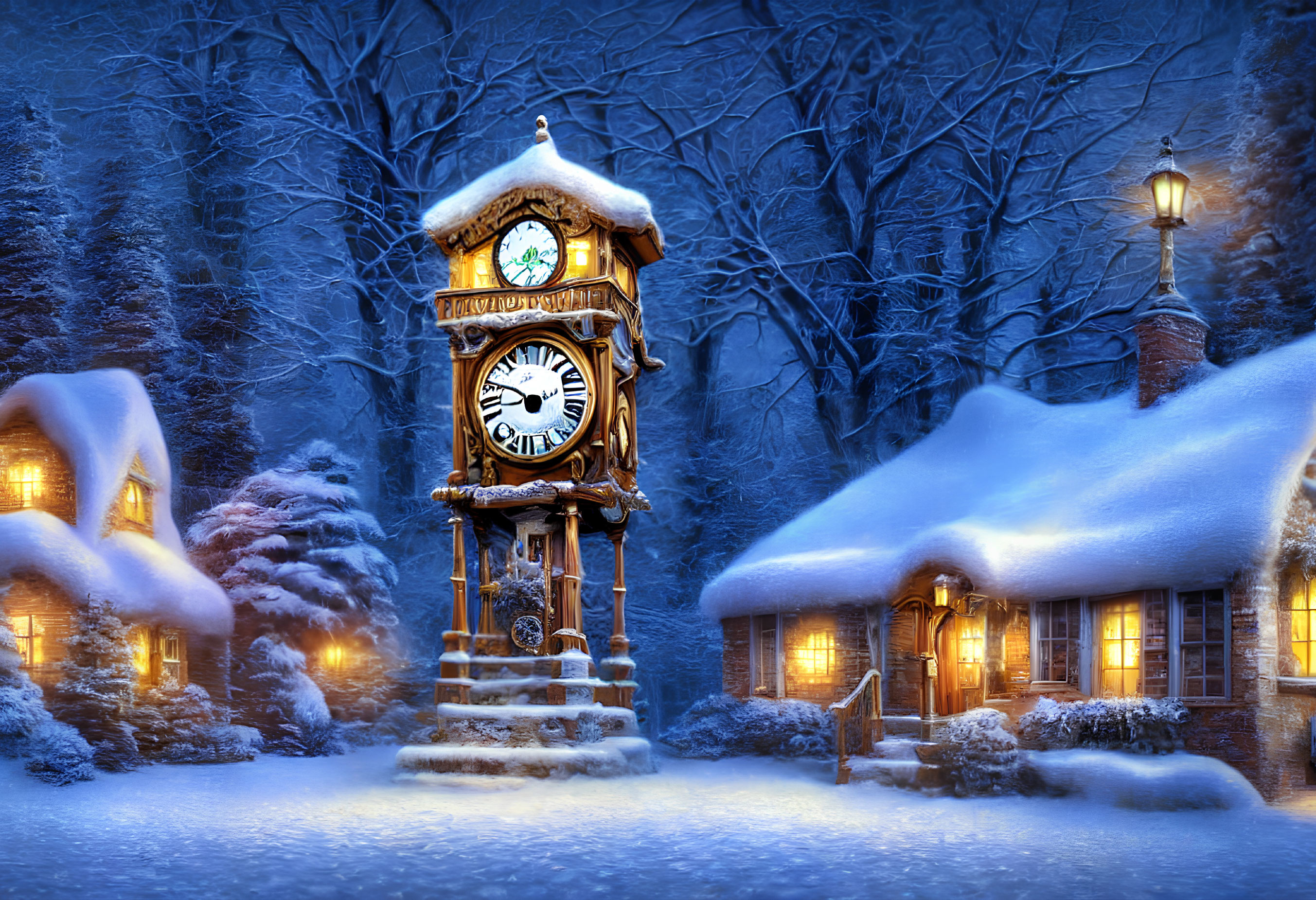 Ornate clock tower in snowy night landscape
