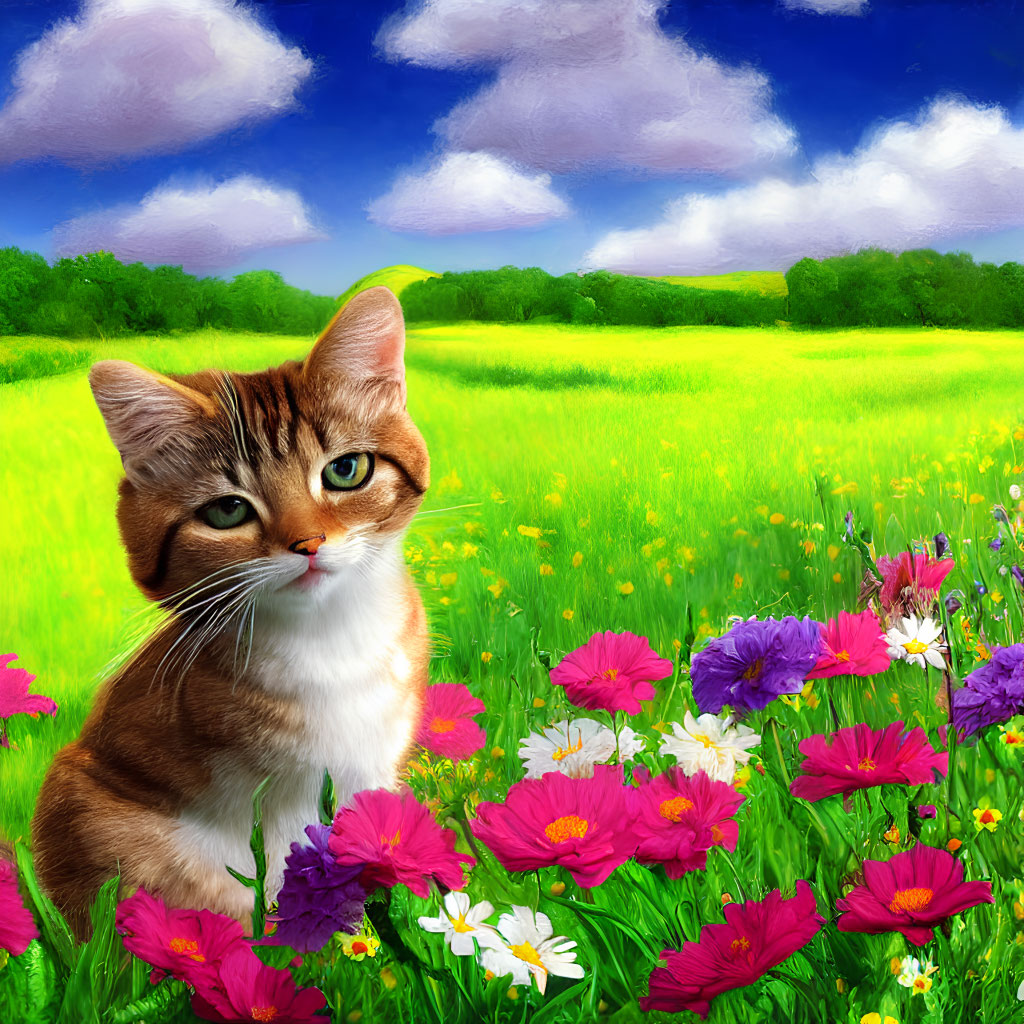 Tabby Cat Among Colorful Wildflowers in Vibrant Field