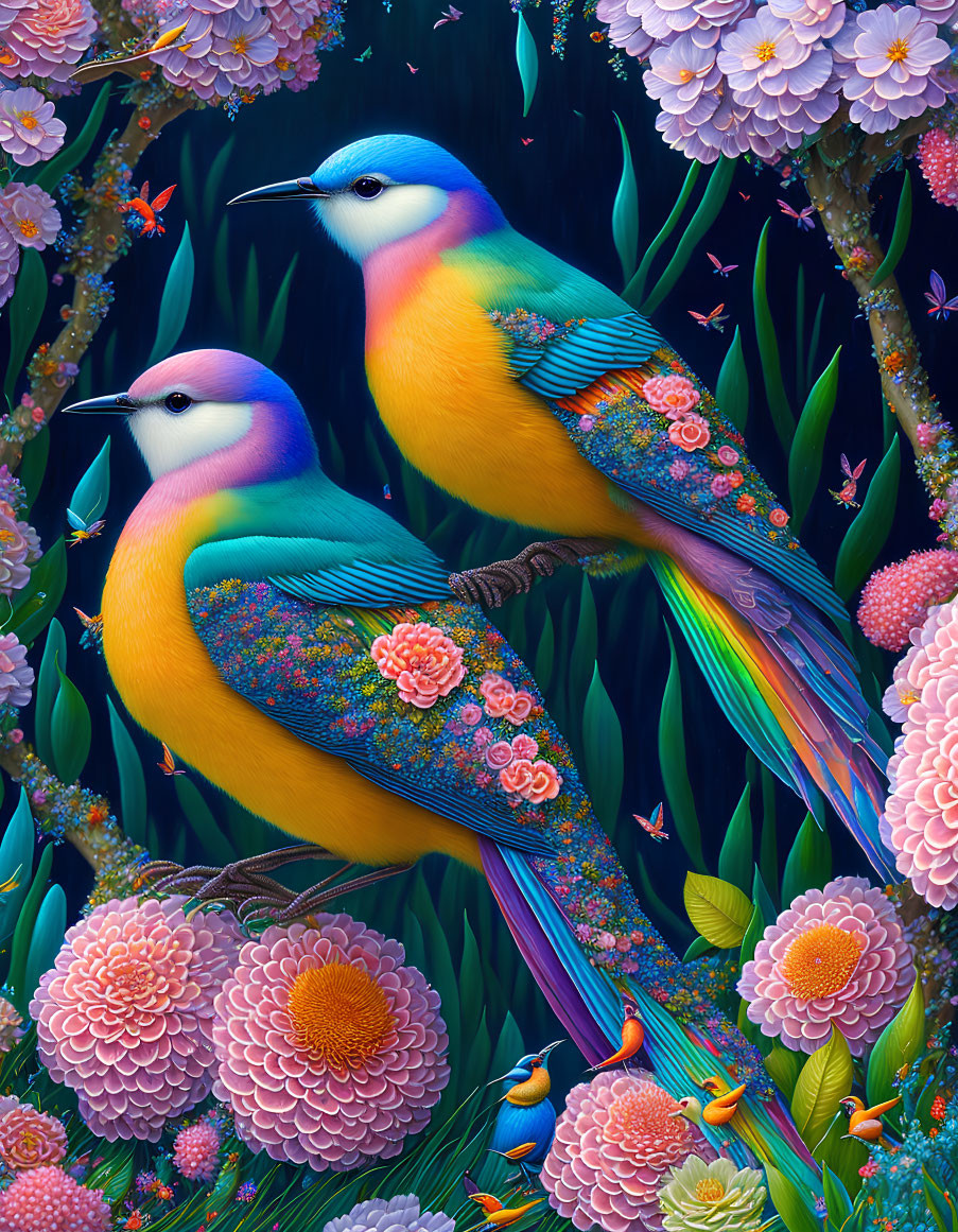 Colorful Birds with Floral Patterns Perched Among Pink and Purple Flowers