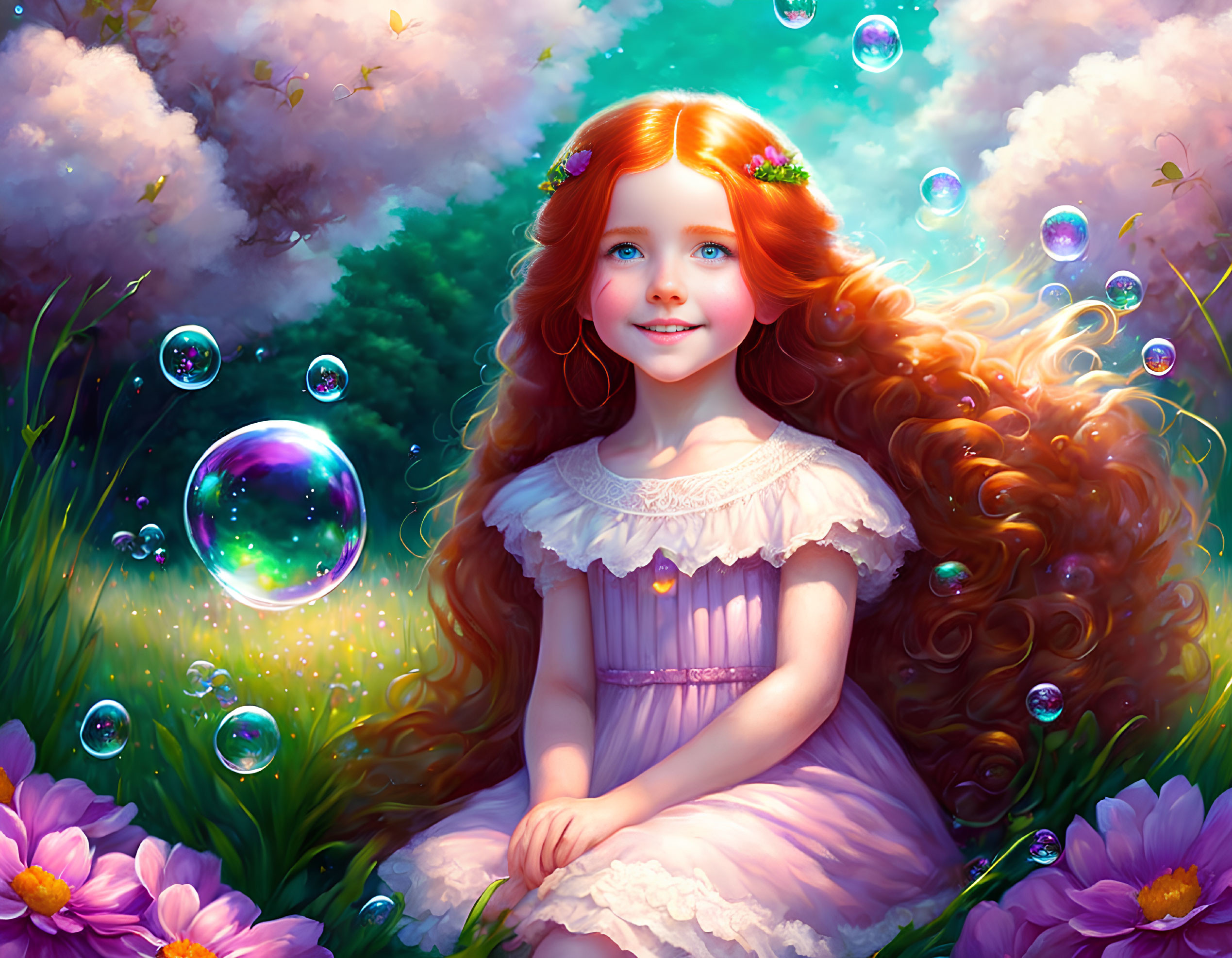 Young girl with red hair and blue eyes in lush greenery with bubbles