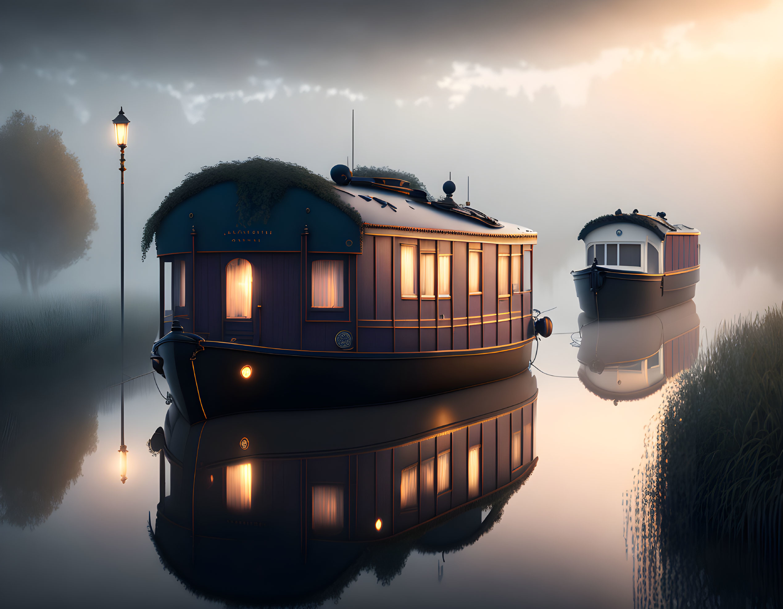 Moody landscape with a houseboat