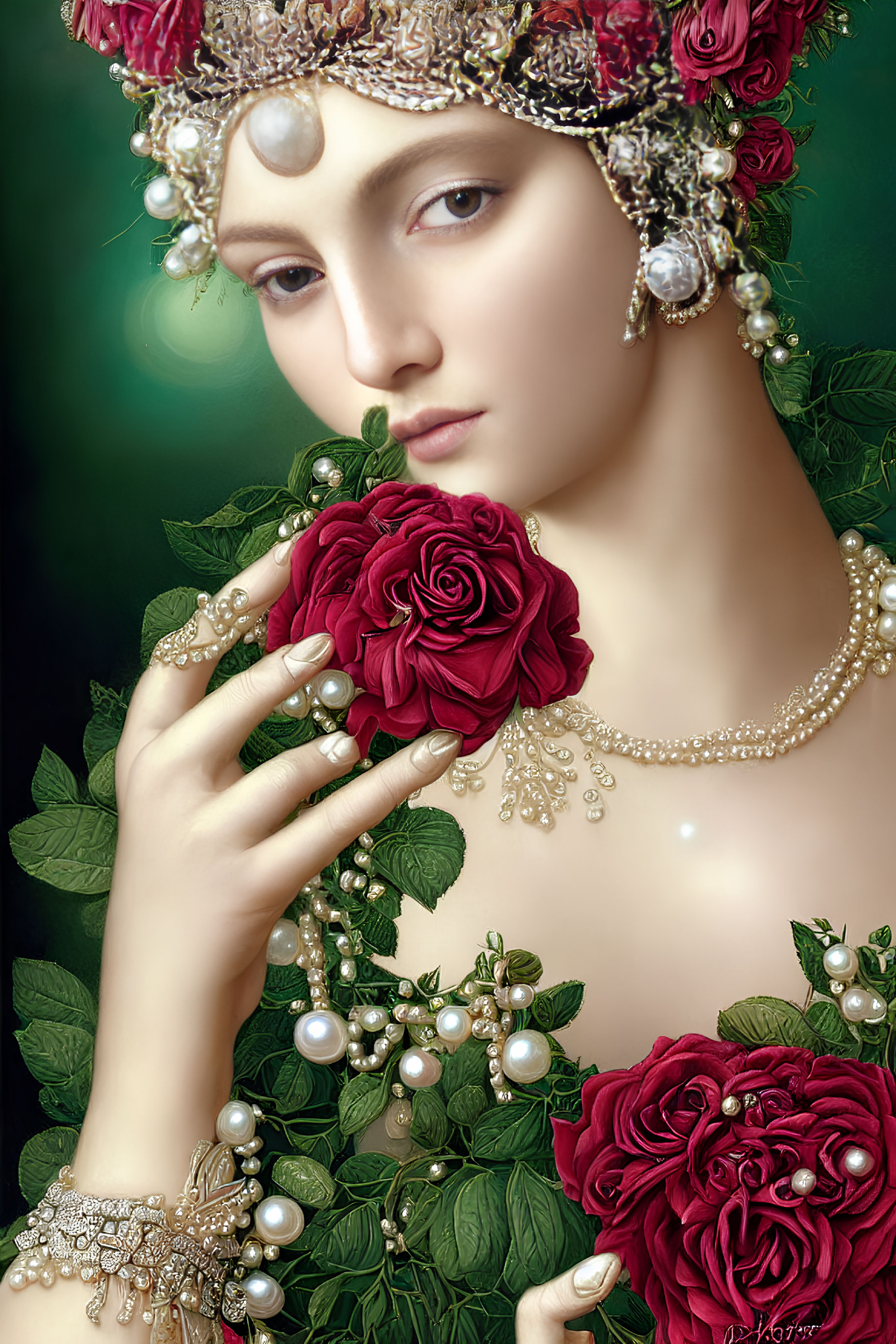 Woman adorned with pearls and roses in decorative headgear surrounded by green foliage and intricate jewelry