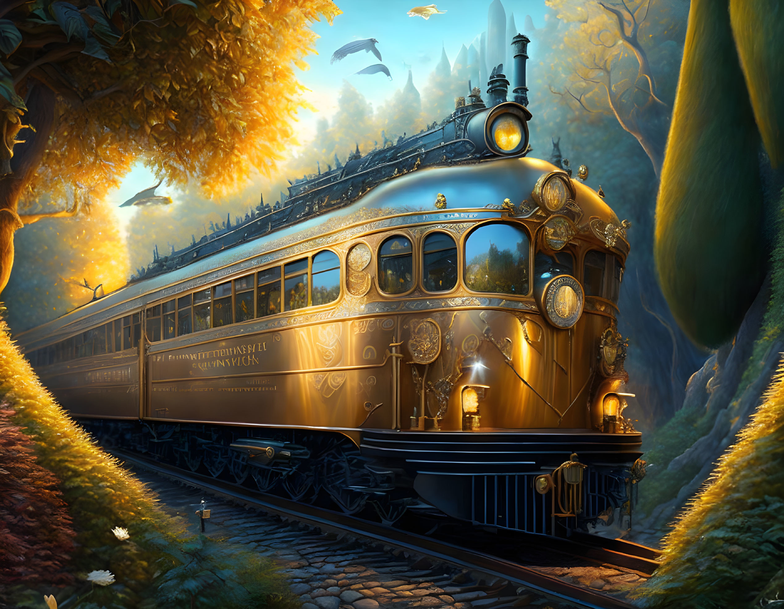 Vintage Golden Train in Enchanted Forest at Dusk