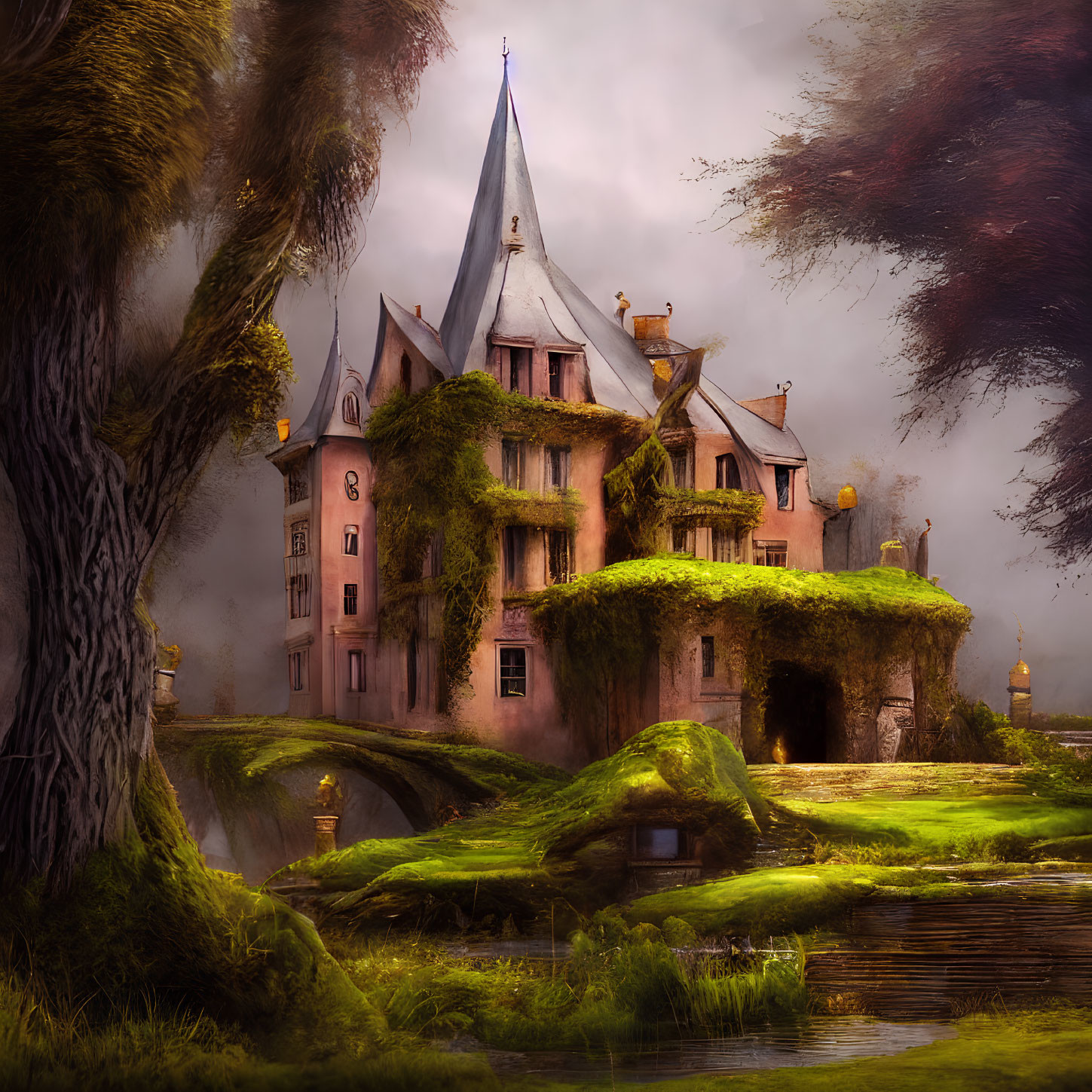 Moss-Covered Fairytale Castle in Enchanted Forest Setting