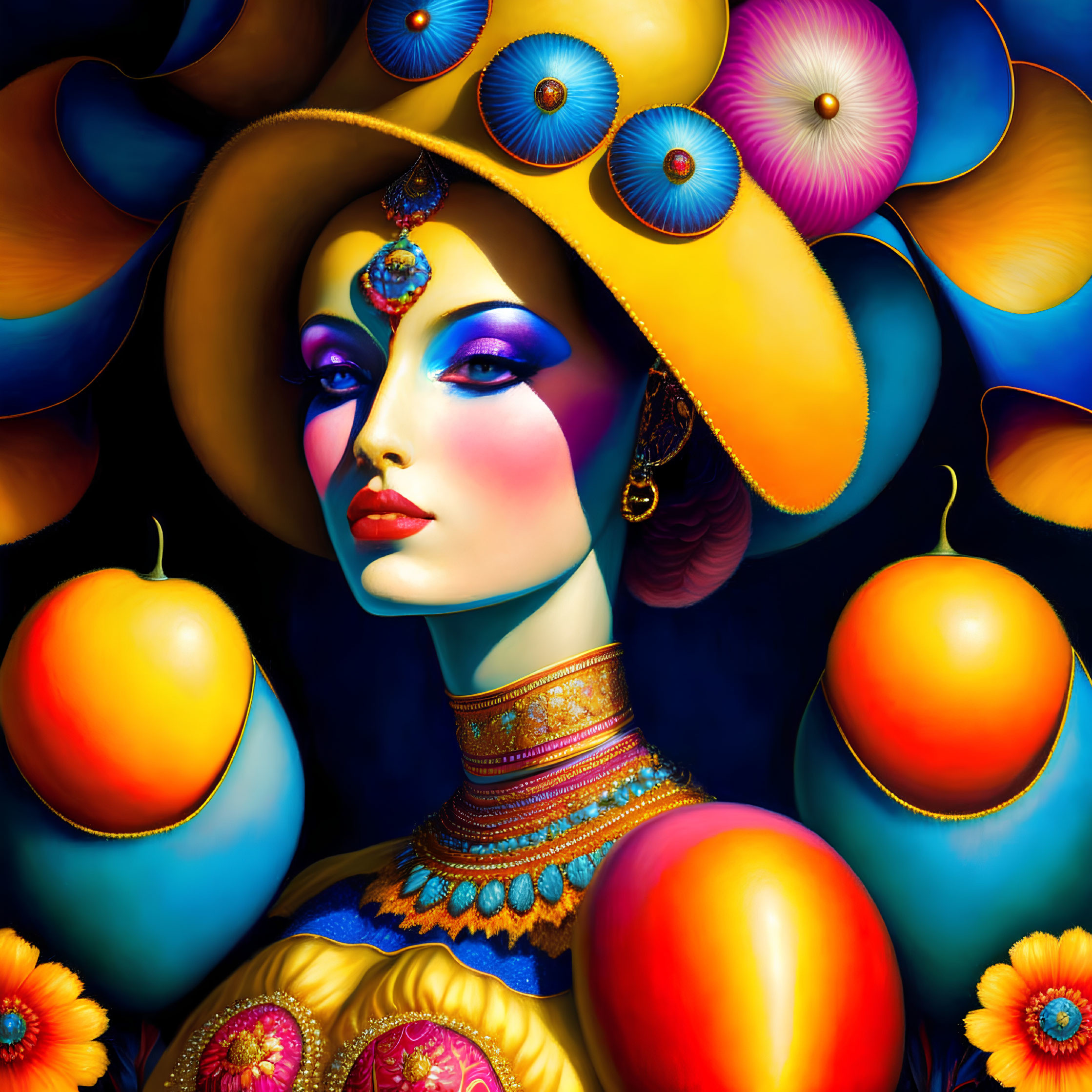Vibrant surreal portrait of a woman with elaborate yellow hat and colorful flowers