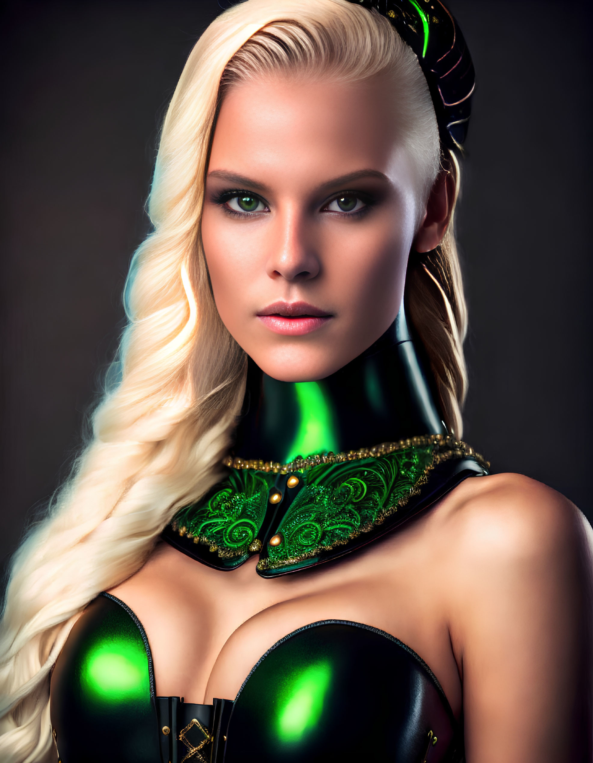 Blonde woman in futuristic black and green corset with ornate collar.