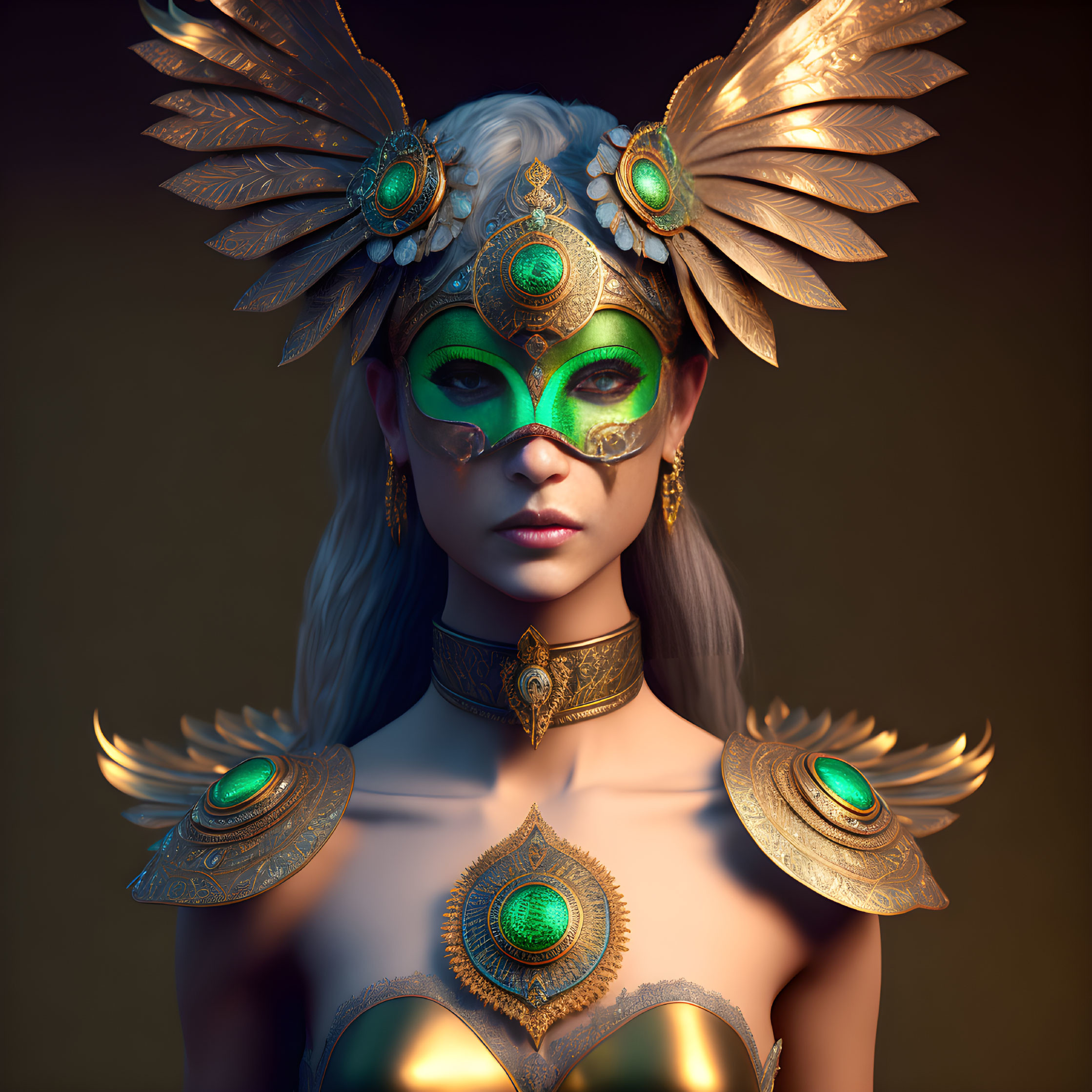 Regal woman in gold and green feathered attire