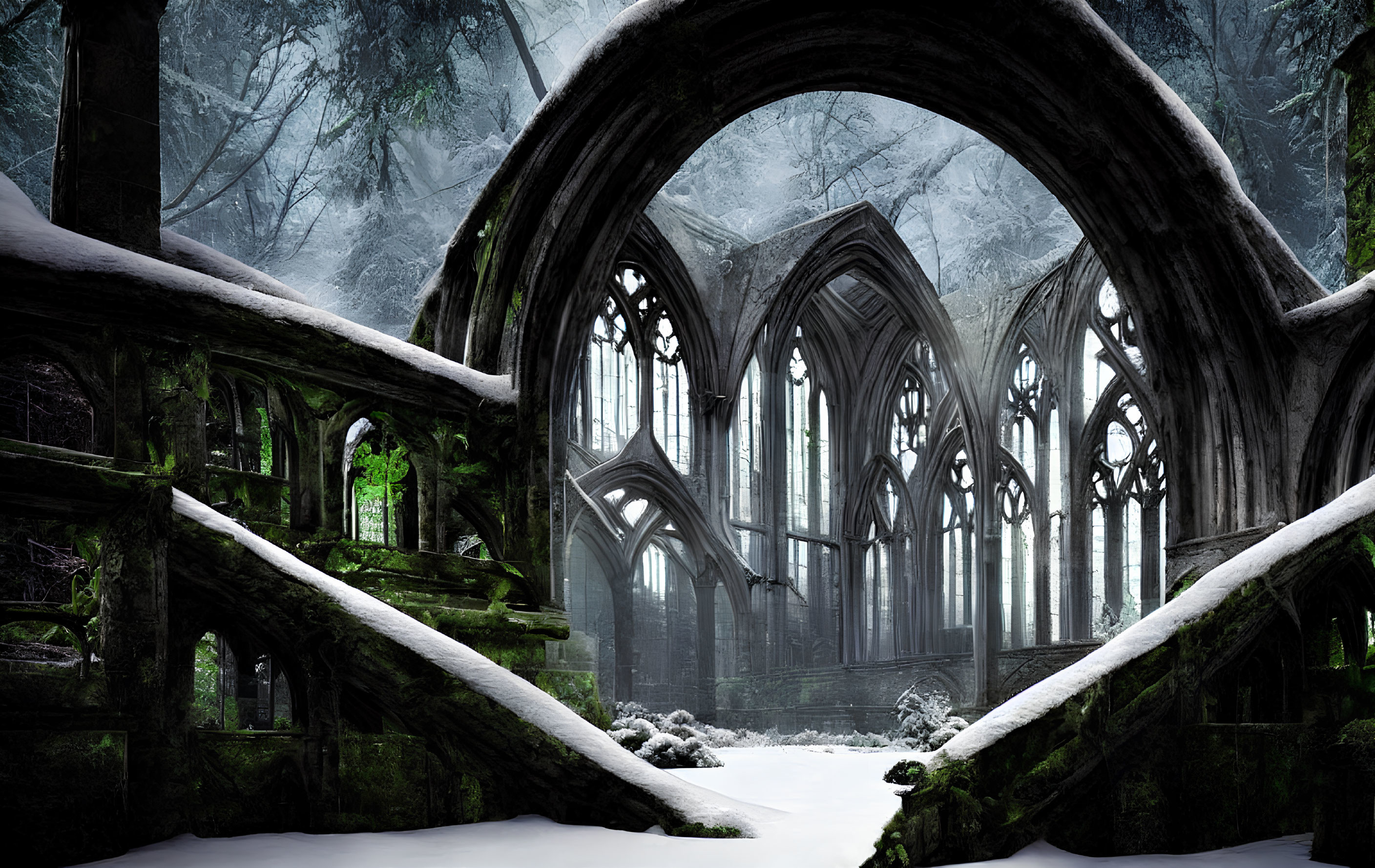 Gothic church ruins in snow-covered winter forest