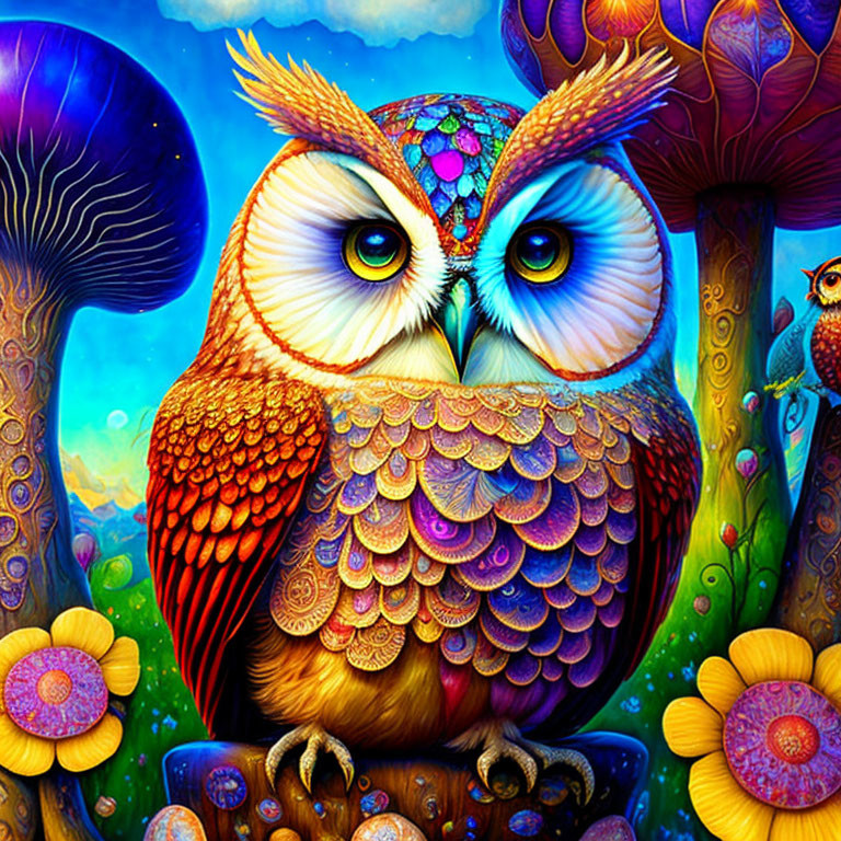 Colorful Owl Among Psychedelic Mushrooms and Flowers in Fantasy Setting
