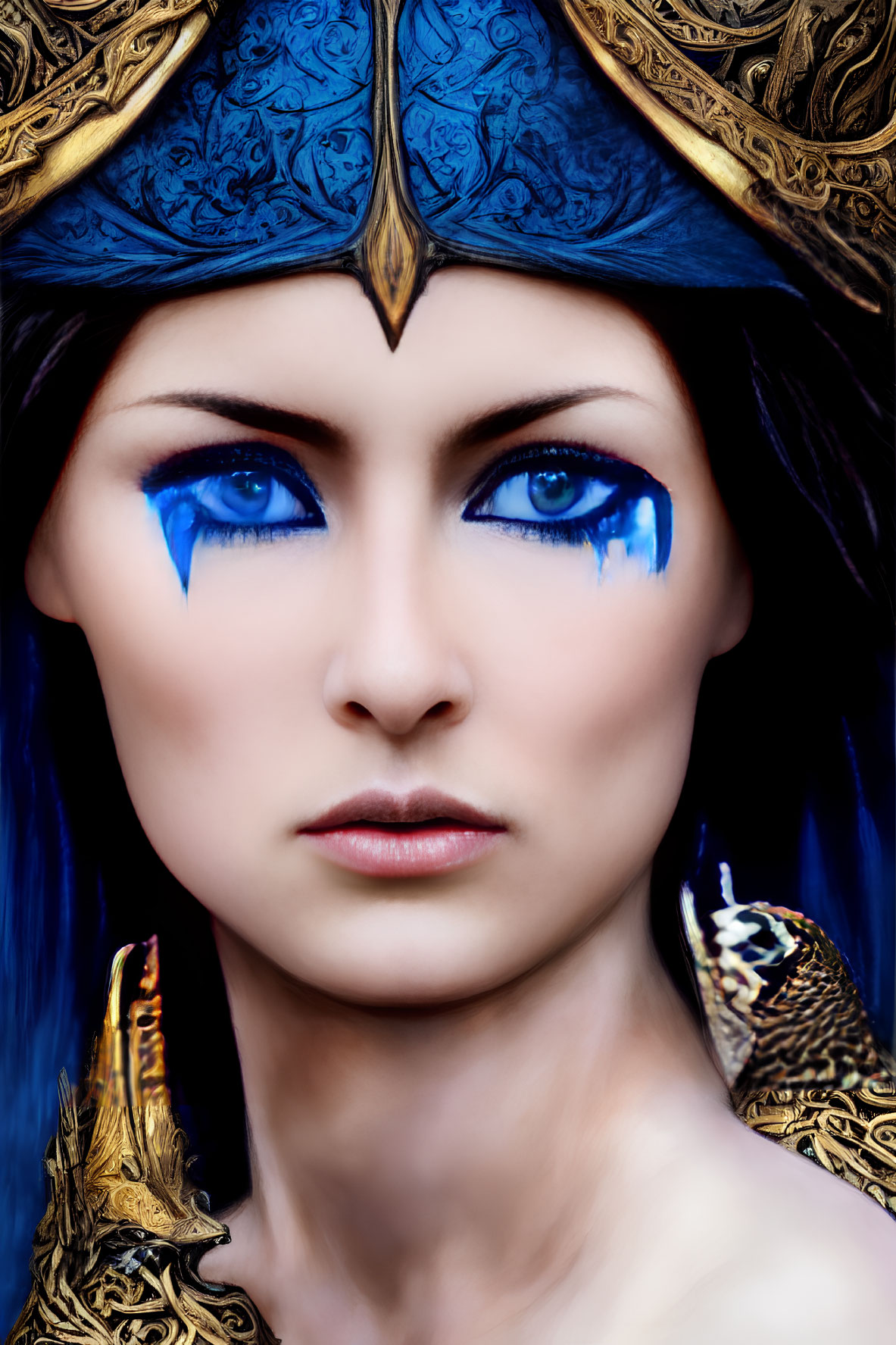 Woman with Striking Blue Makeup and Golden Headpiece Portrait
