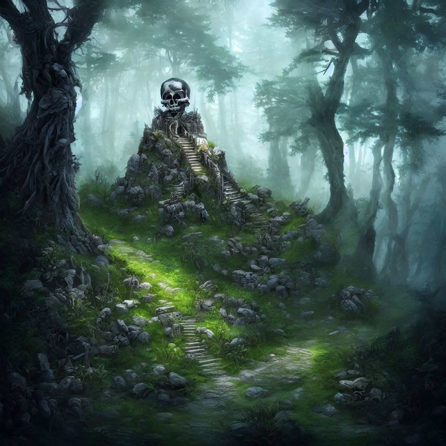 Misty forest with skull-shaped rock formation and stairway in ethereal light