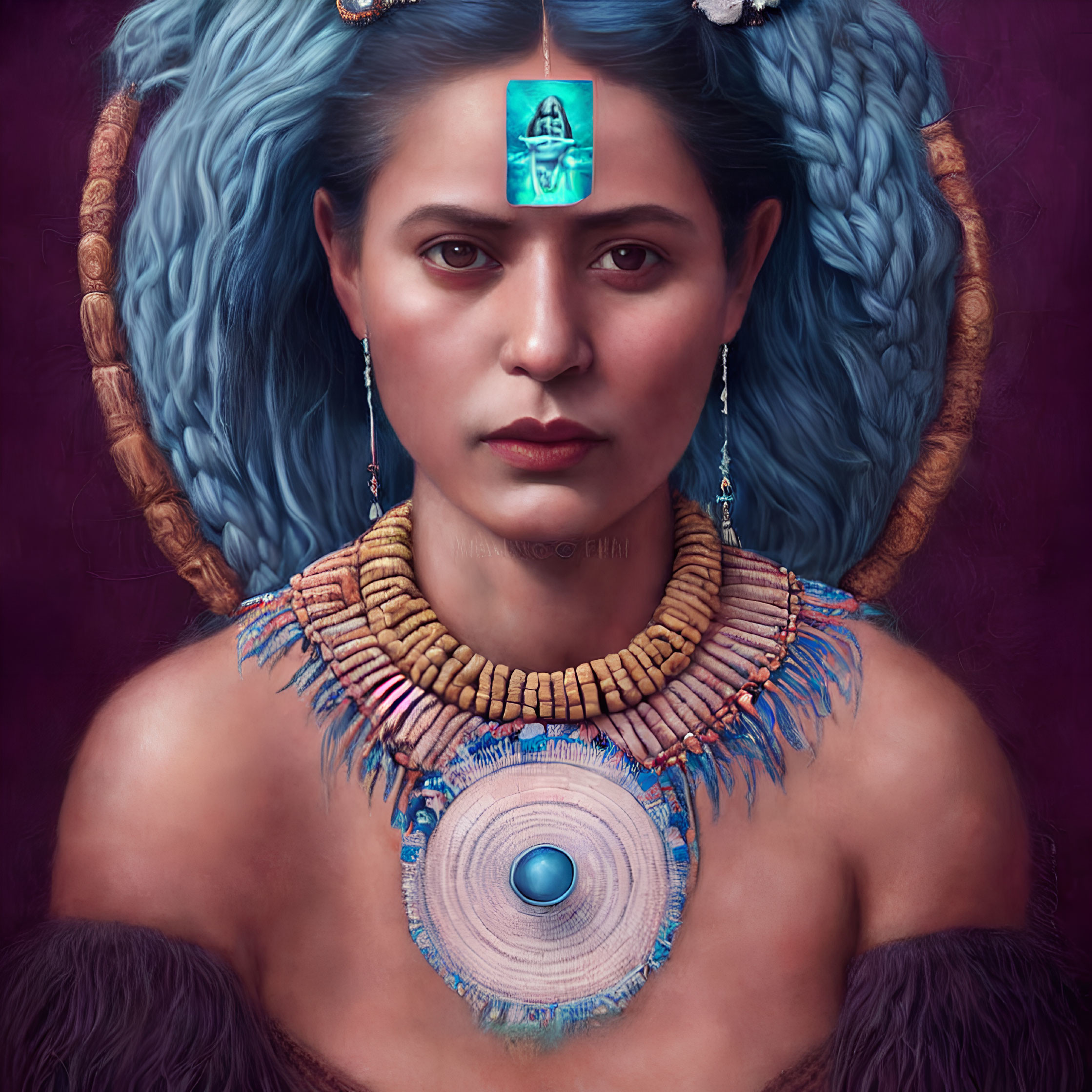 Digital artwork featuring woman with blue hair and glowing figure on forehead in purple background