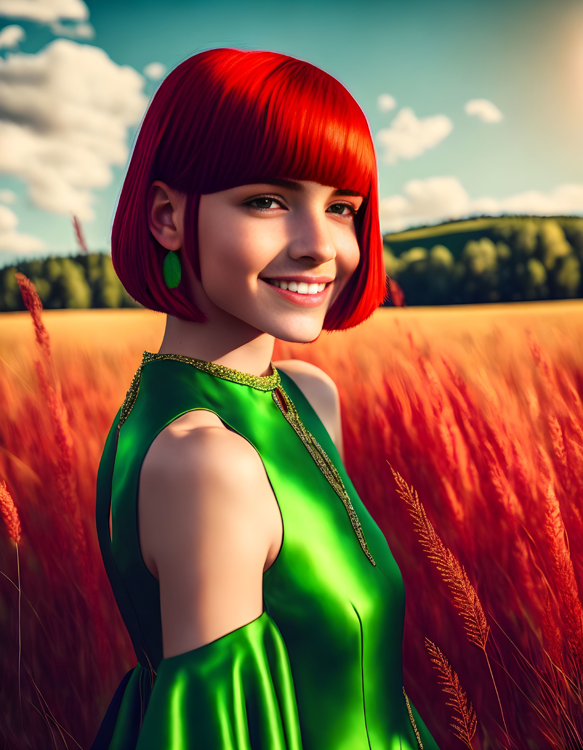 Red-haired woman in green dress standing in sunlit field