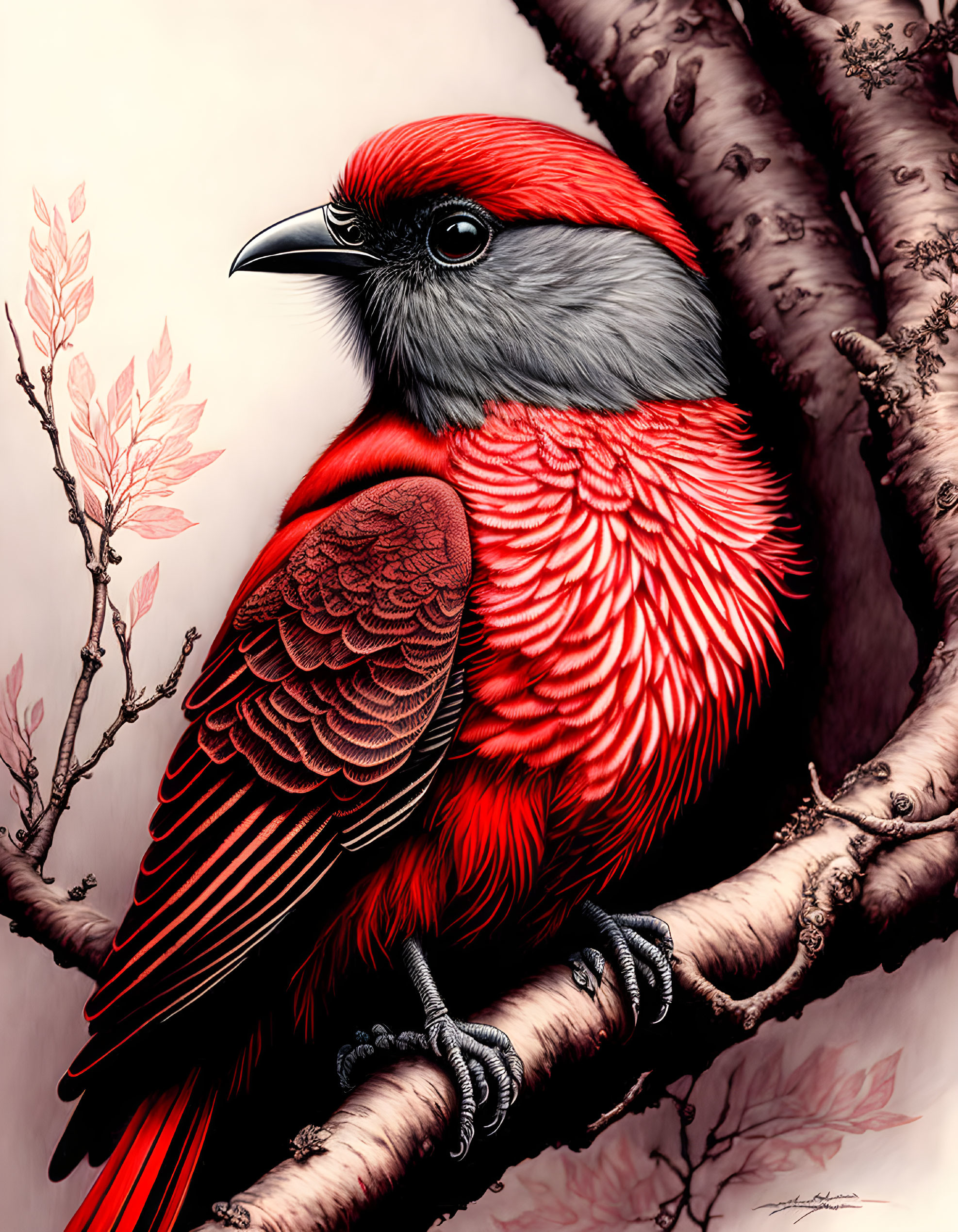 Bird portrait in red tones